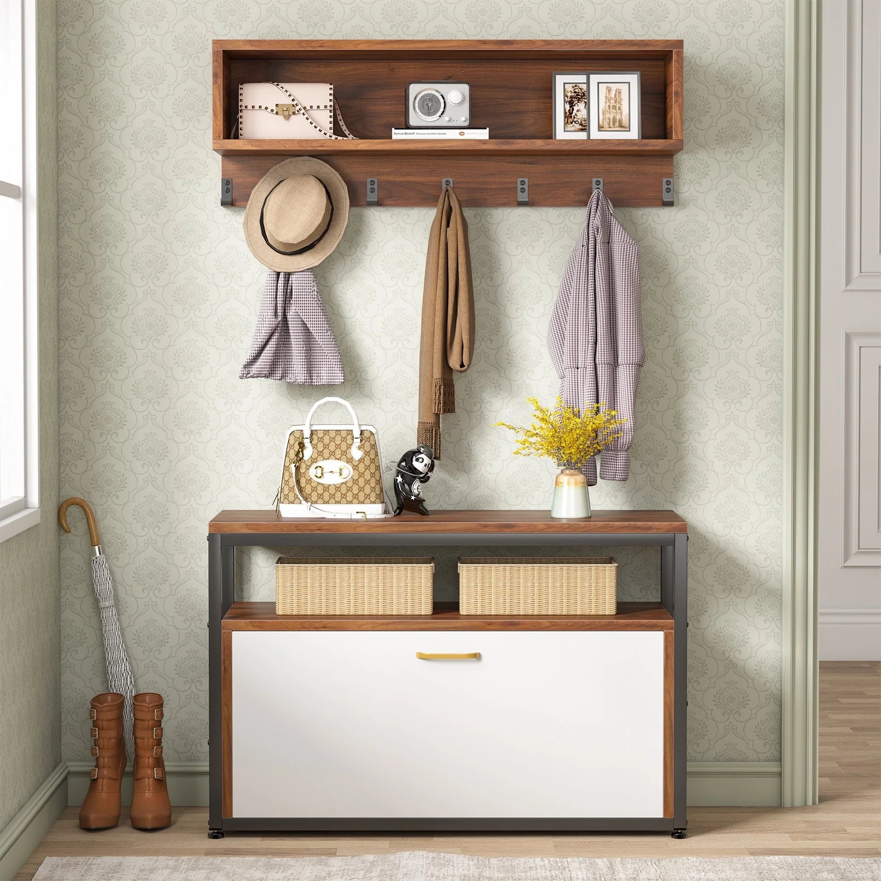 Entryway Coat Rack Shoe Bench Set, Industrial Hall Tree Coat Shoe Rack