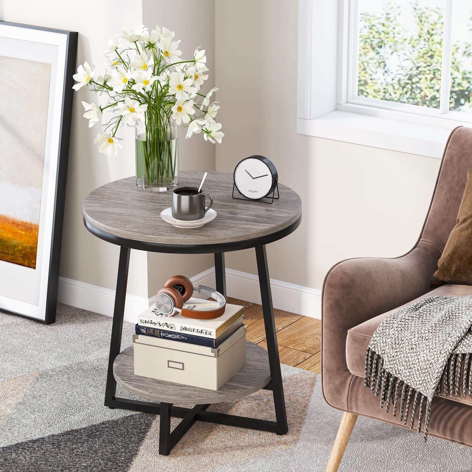 Industrial End Table, Round Side Table Table Small Coffee Accent Table
