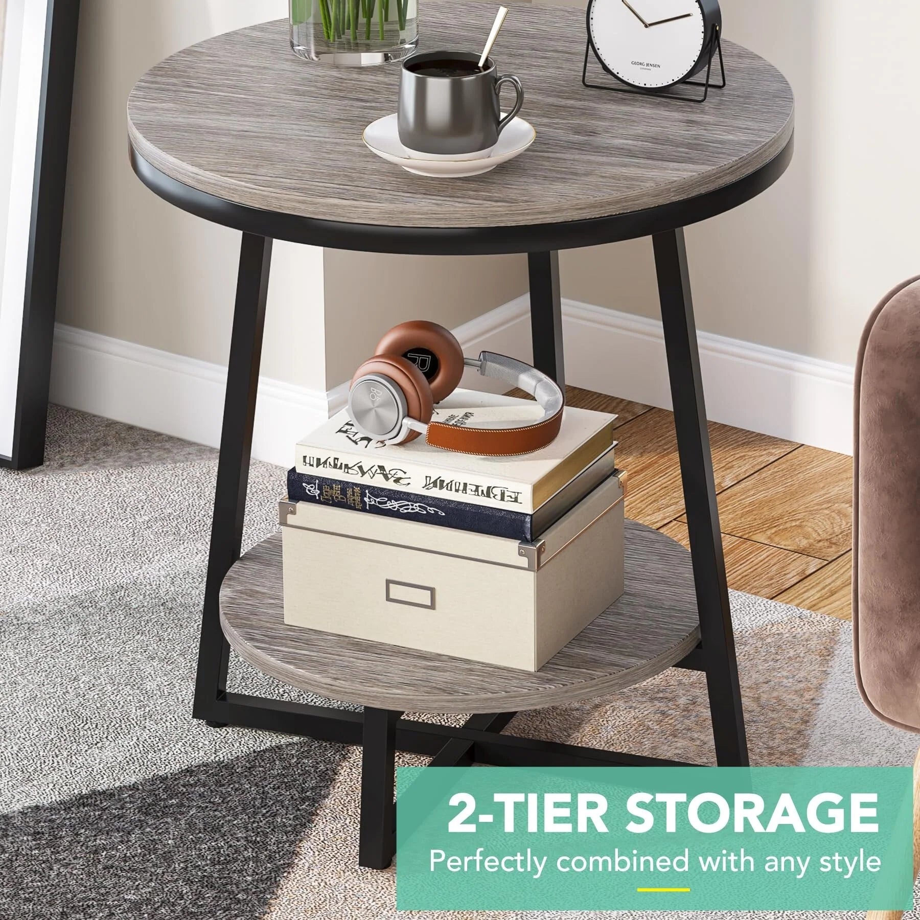 Industrial End Table, Round Side Table Table Small Coffee Accent Table