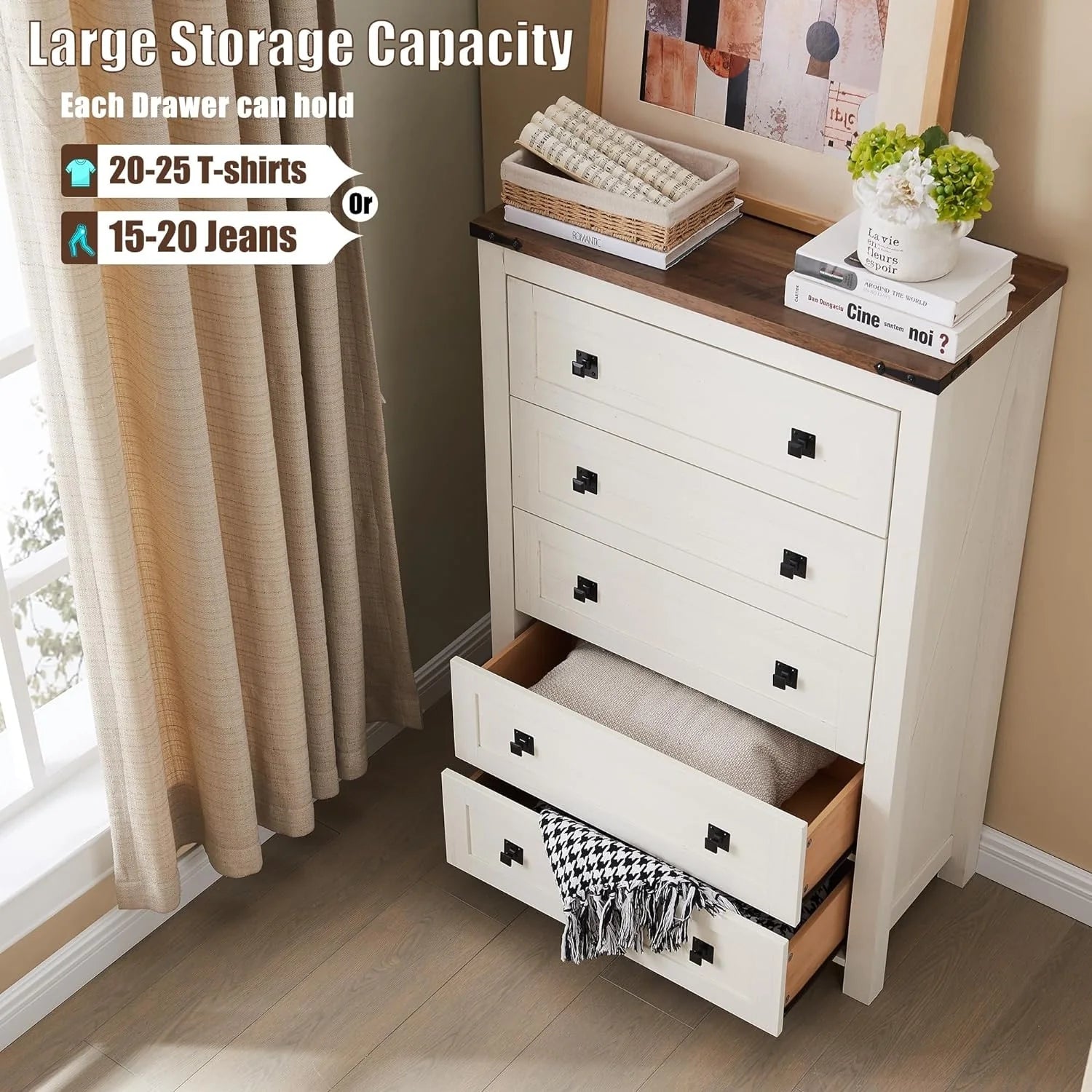 48 Tall Farmhouse 5 Drawer Wood Dresser, Chest of Drawers for Bedroom