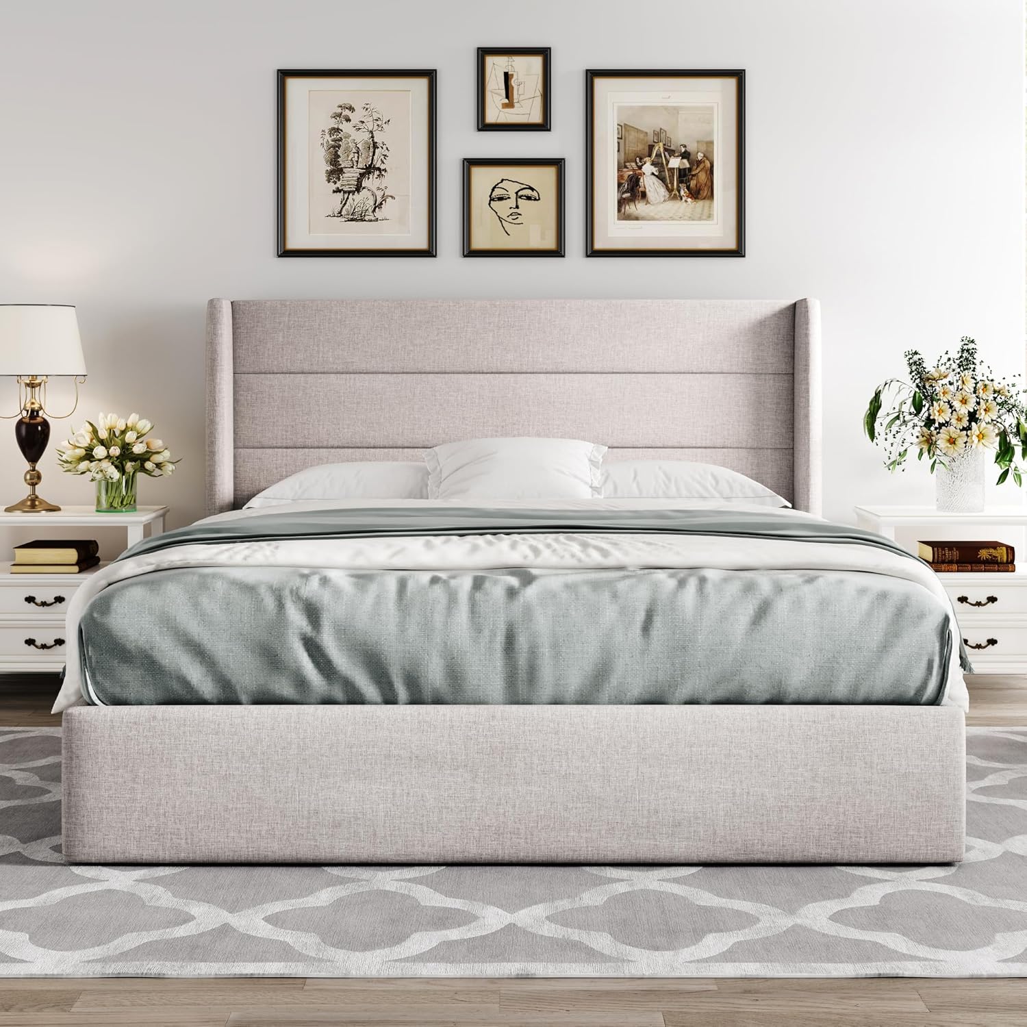 ALLEWIE Queen Size Lift Up Storage Bed with Wingback Headboard