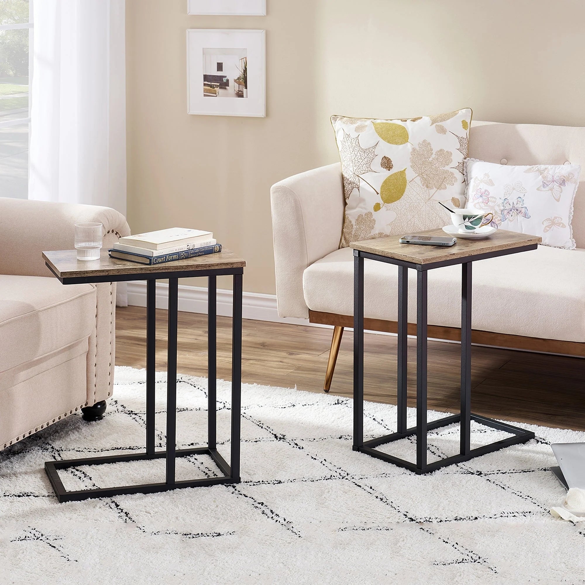 Javlergo Set of 2 C-Shaped Sofa Side Table, Small End Table for Living Room, Narrow Bedside/TV Tray Table