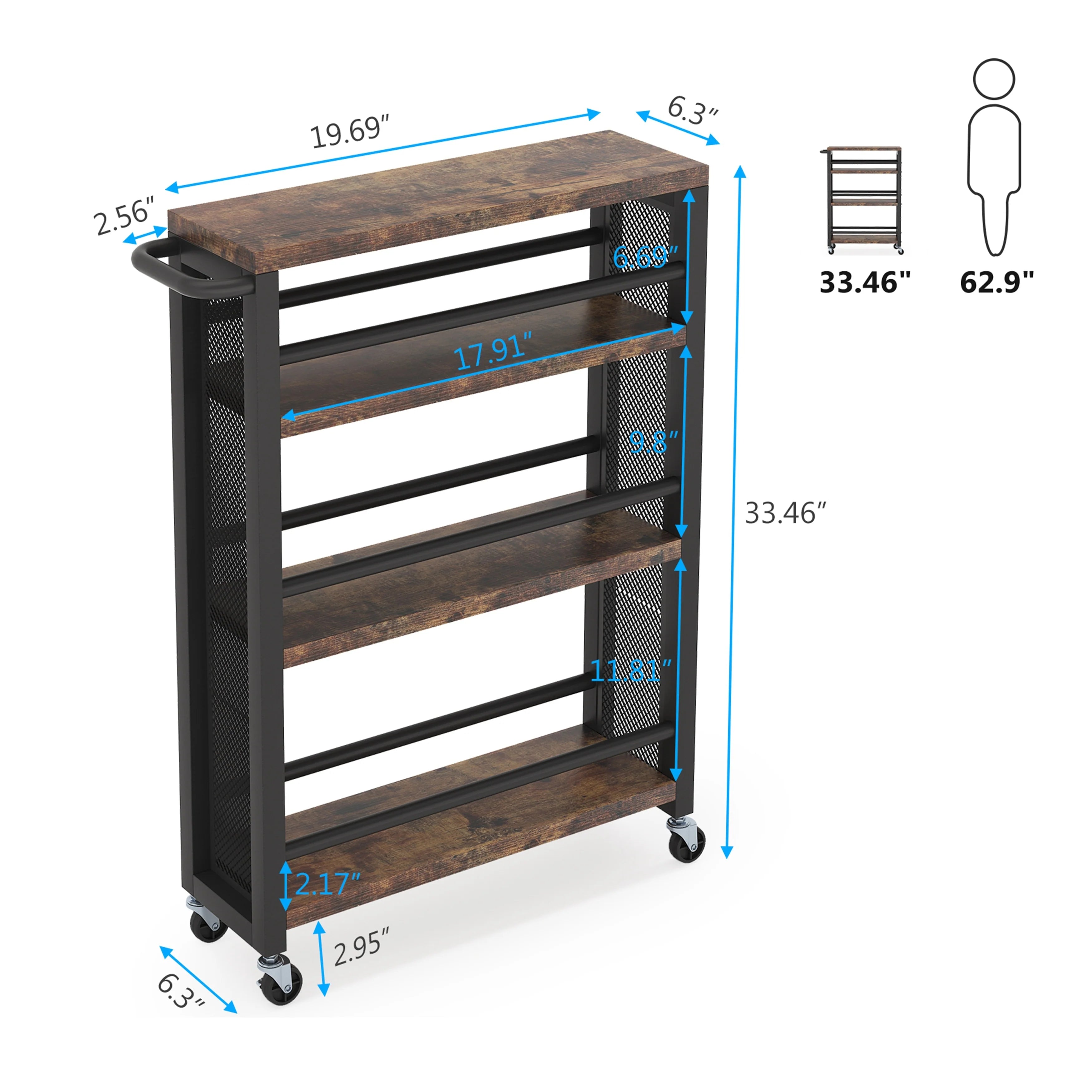 Brown Narrow Rolling Kitchen Storage Cart with Wheels, 4 Tiers Slim Serving Trolley Utility Carts with Handle for Small Space