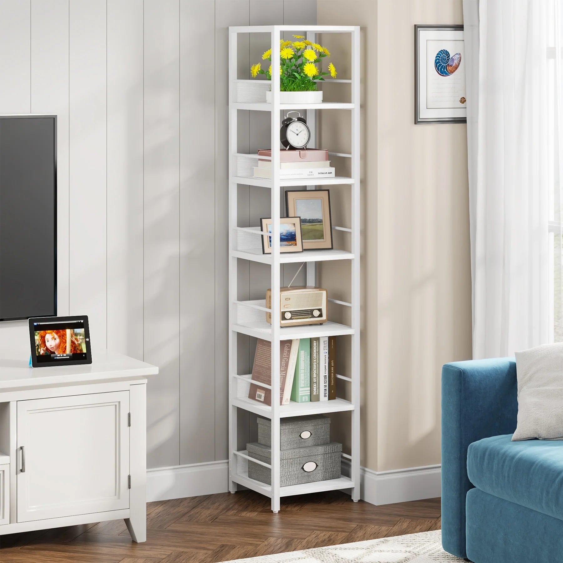75 Inch Tall Narrow Corner Shelves, 6-Tier Etagere Shelve Storage Rack Bookshelves for Home Office