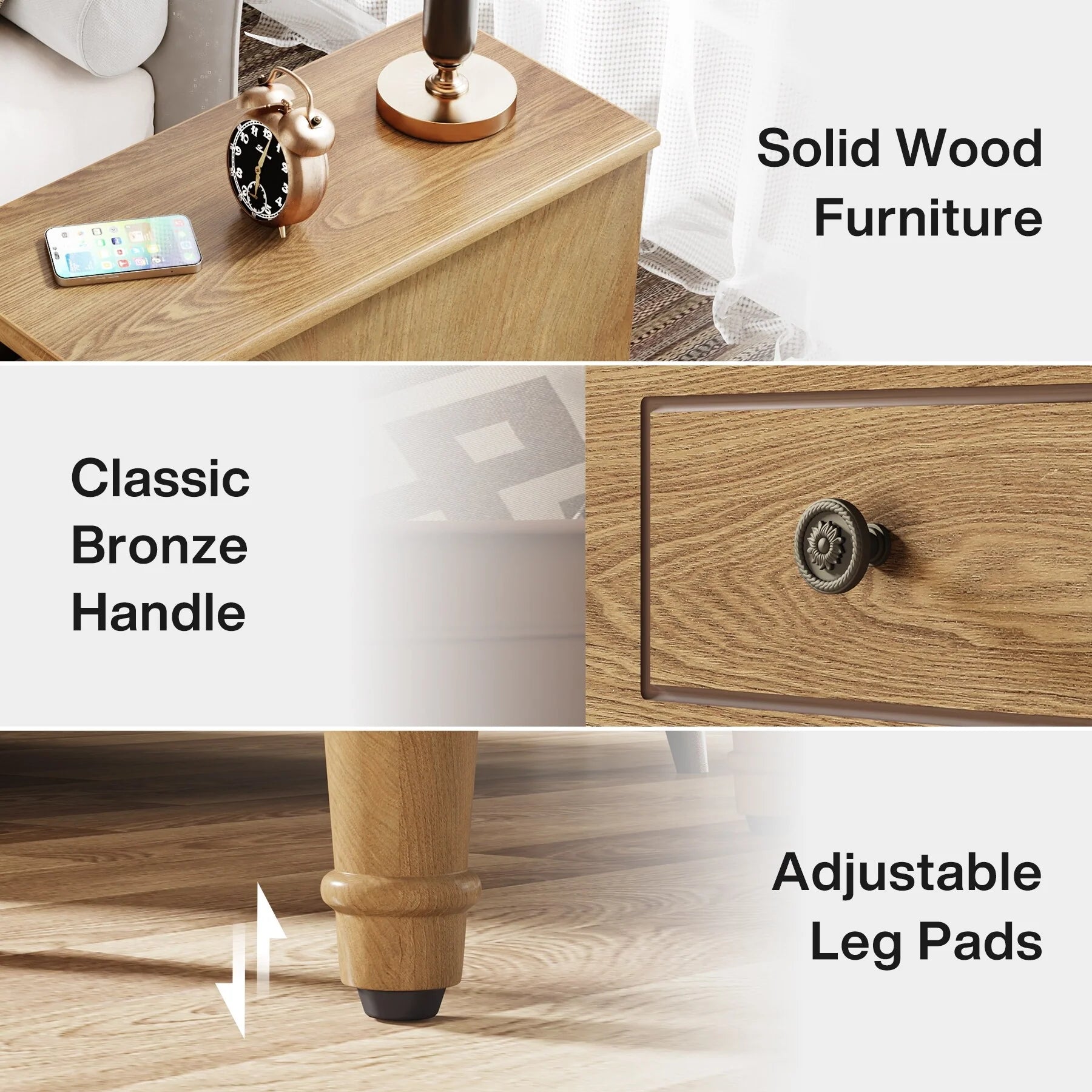 Fully Assembled Narrow End Table, Solid Wood Side Table with 3 Drawers, Vintage Nightstand Slim Bedside Table for Small Spaces