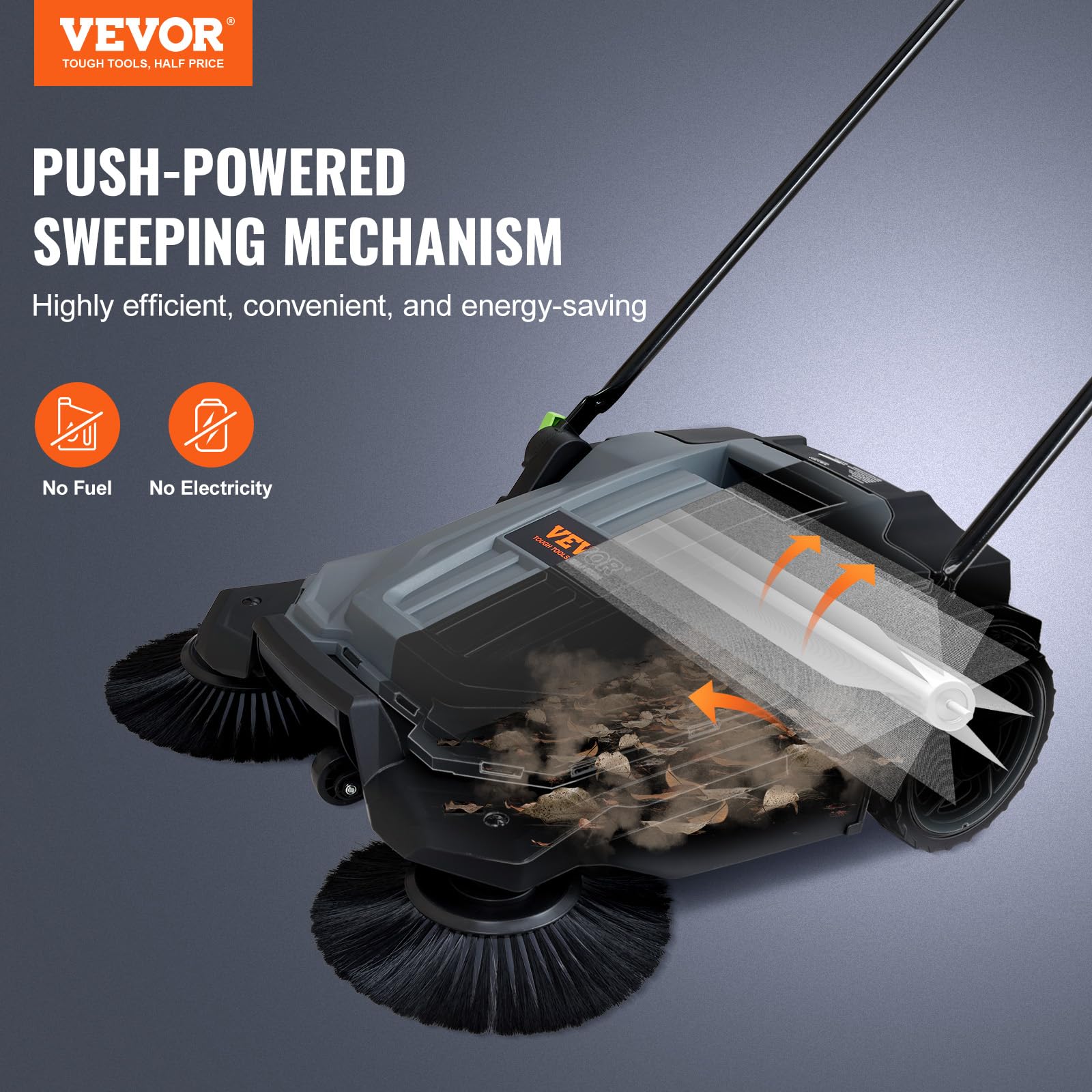 VEVOR Walk-Behind Hand Push Floor Sweeper, 5-Gallon Waste Container