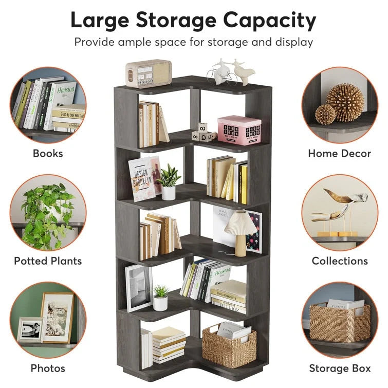 6-Tier Corner Book Shelf, 64.9Tall Freestanding Wood Industrial Bookcase Bookshelf