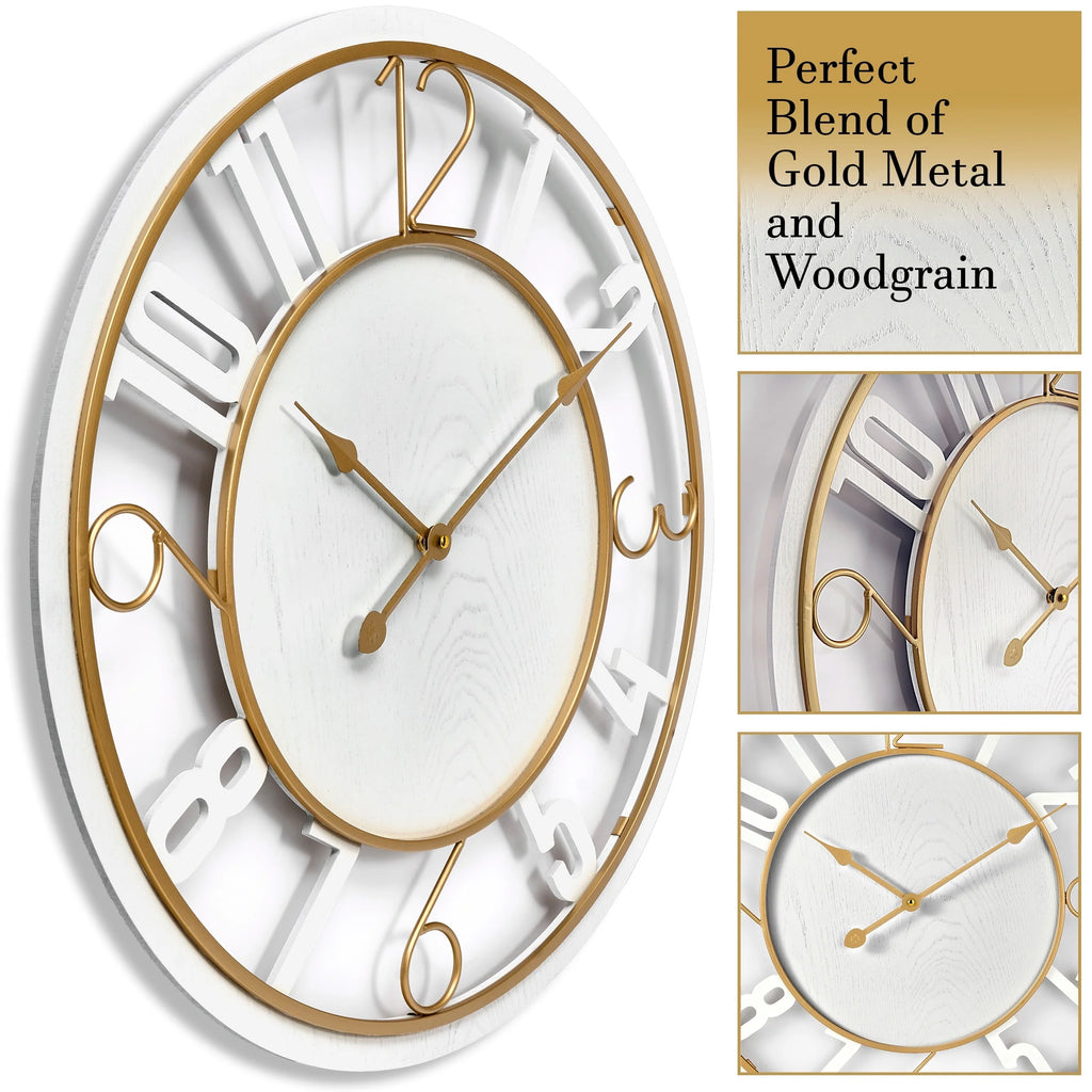 Sorbus Large 24 Decorative Round Wooden Analog Modern Wall Clock Battery Operated With Numeral Style Design