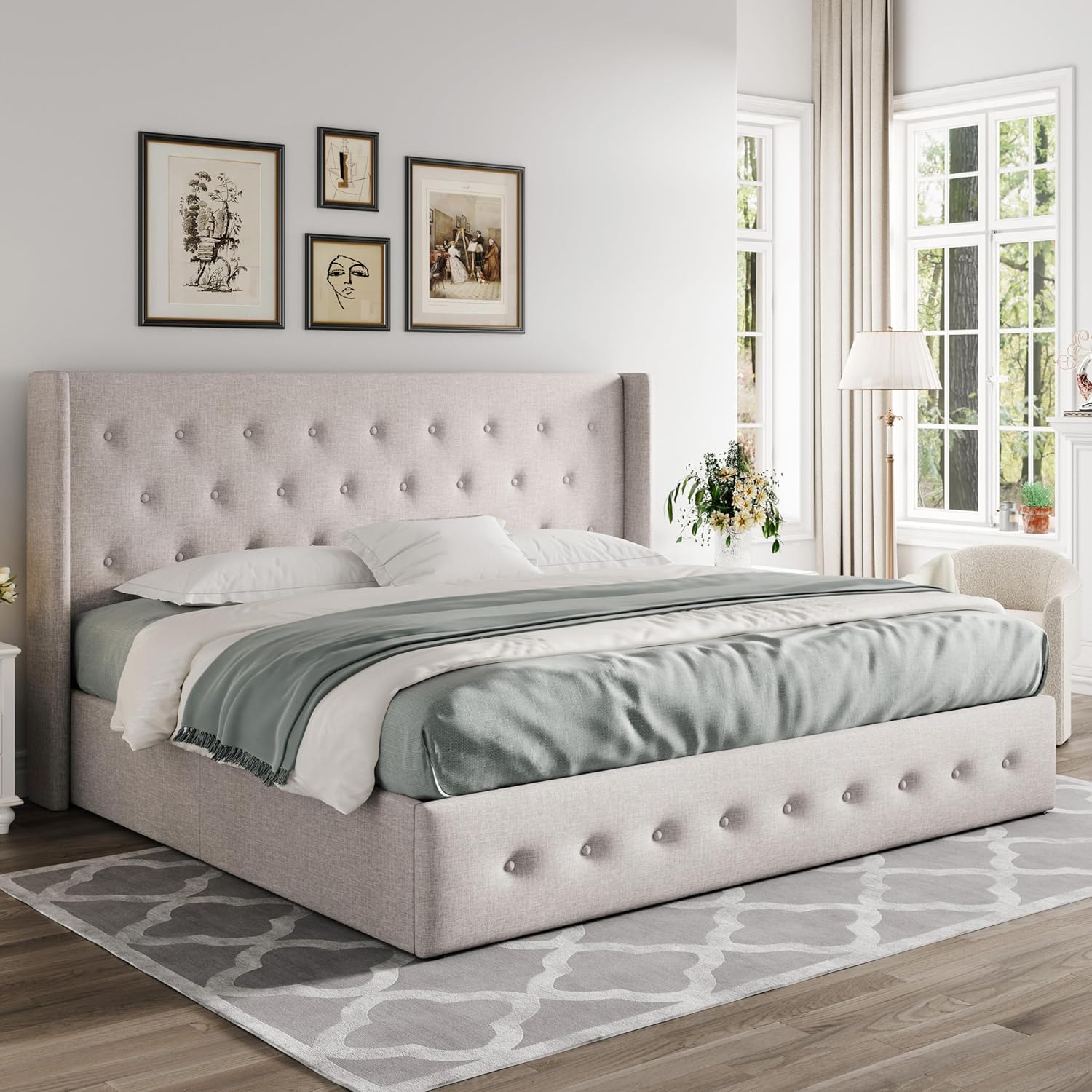 ALLEWIE Queen Size Lift Up Storage Bed with Wingback Headboard