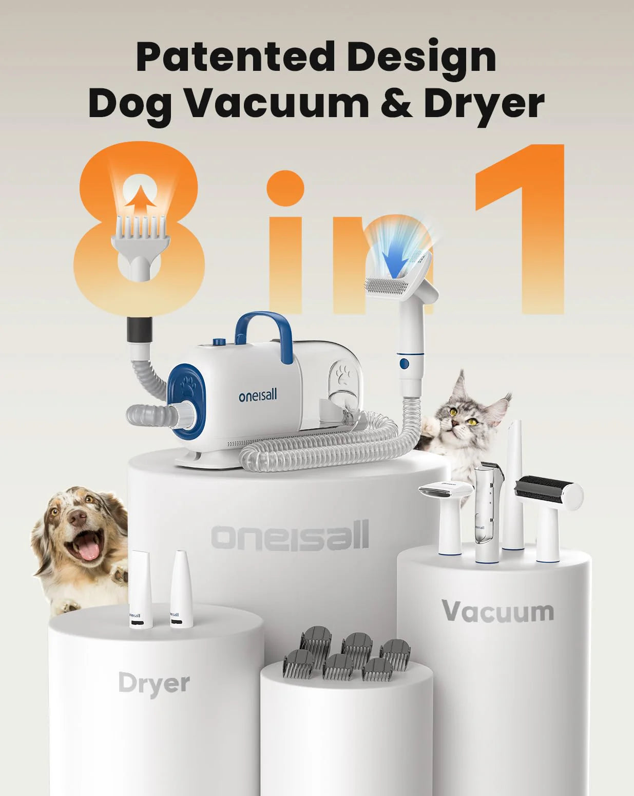 ONEISALL Dog Vacuum & Dryer for Shedding - 8 in 1 Grooming Kit