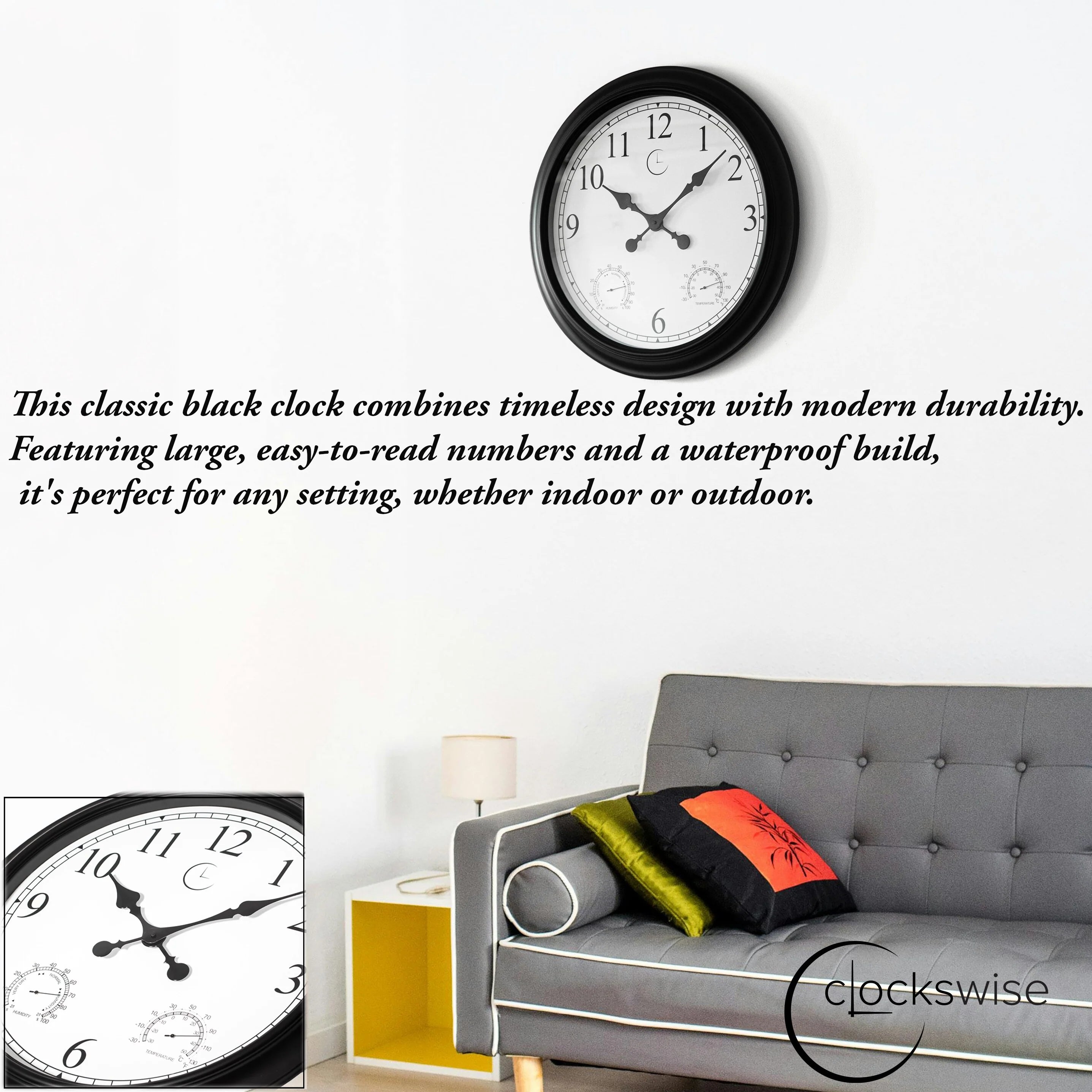 Large Outdoor Wall Clock Thermometer Combo, Waterproof Silent Garden Weather Station Home Indoor Patio Pool Black