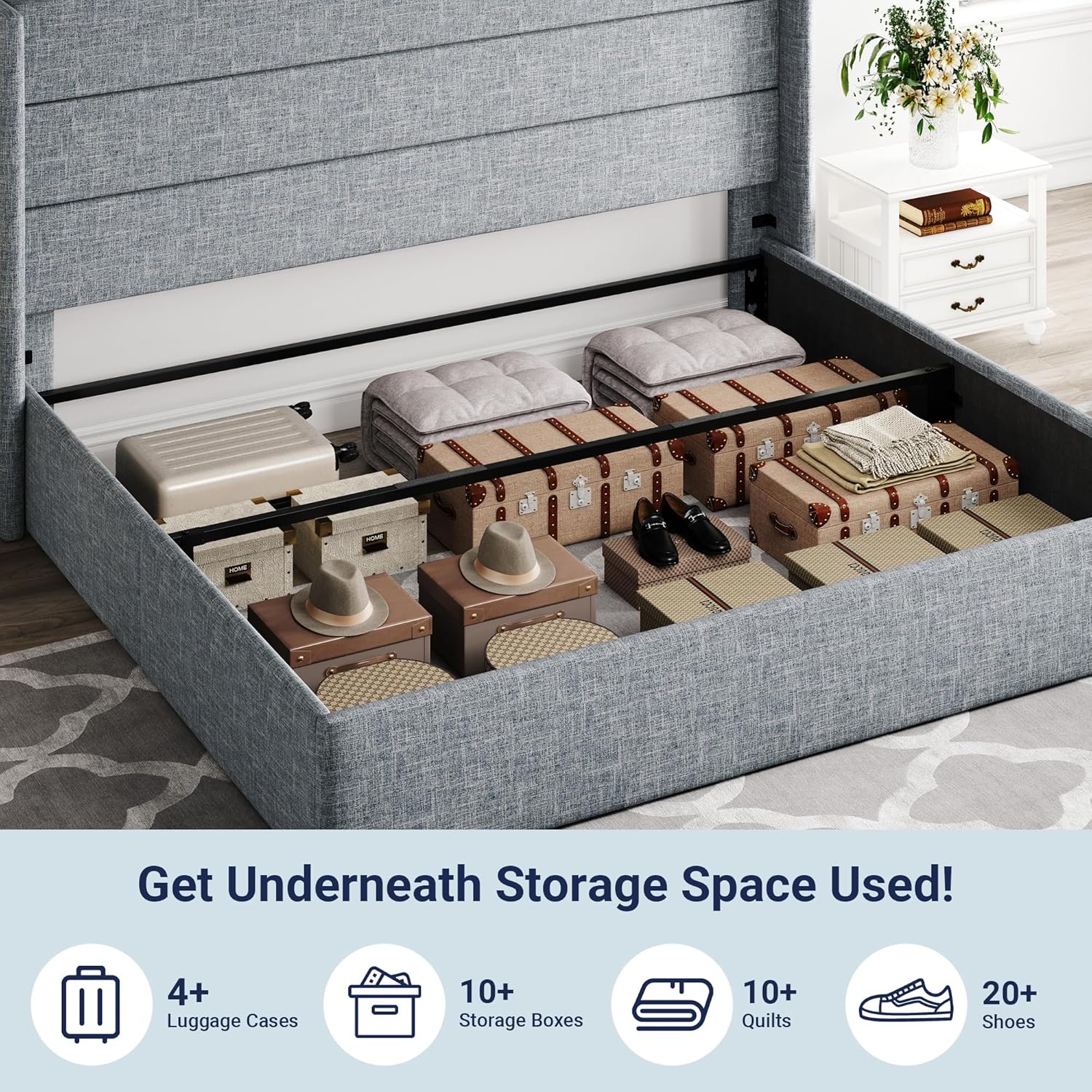 ALLEWIE Queen Size Lift Up Storage Bed with Wingback Headboard