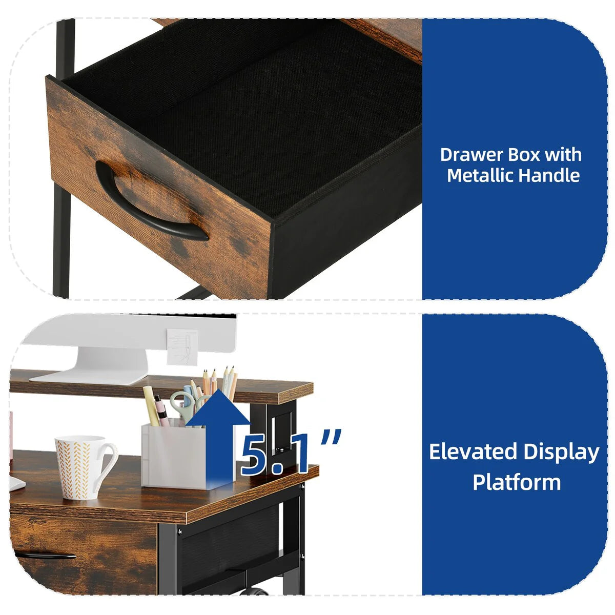 Moasis Small Computer Desk with Fabric Drawers and Monitor Stand