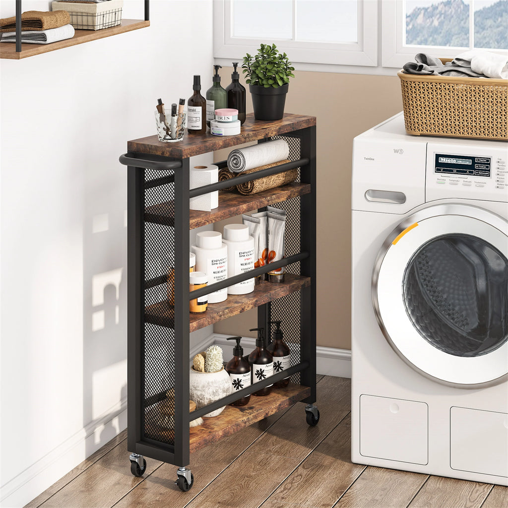 Brown Narrow Rolling Kitchen Storage Cart with Wheels, 4 Tiers Slim Serving Trolley Utility Carts with Handle for Small Space