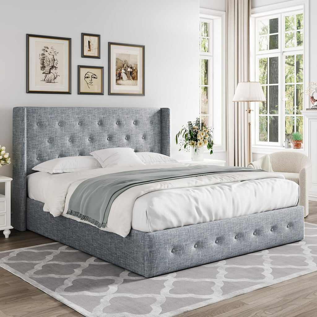 ALLEWIE Queen Size Lift Up Storage Bed with Wingback Headboard