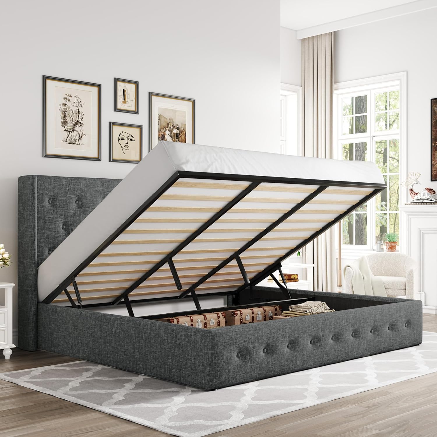 ALLEWIE Queen Size Lift Up Storage Bed with Wingback Headboard