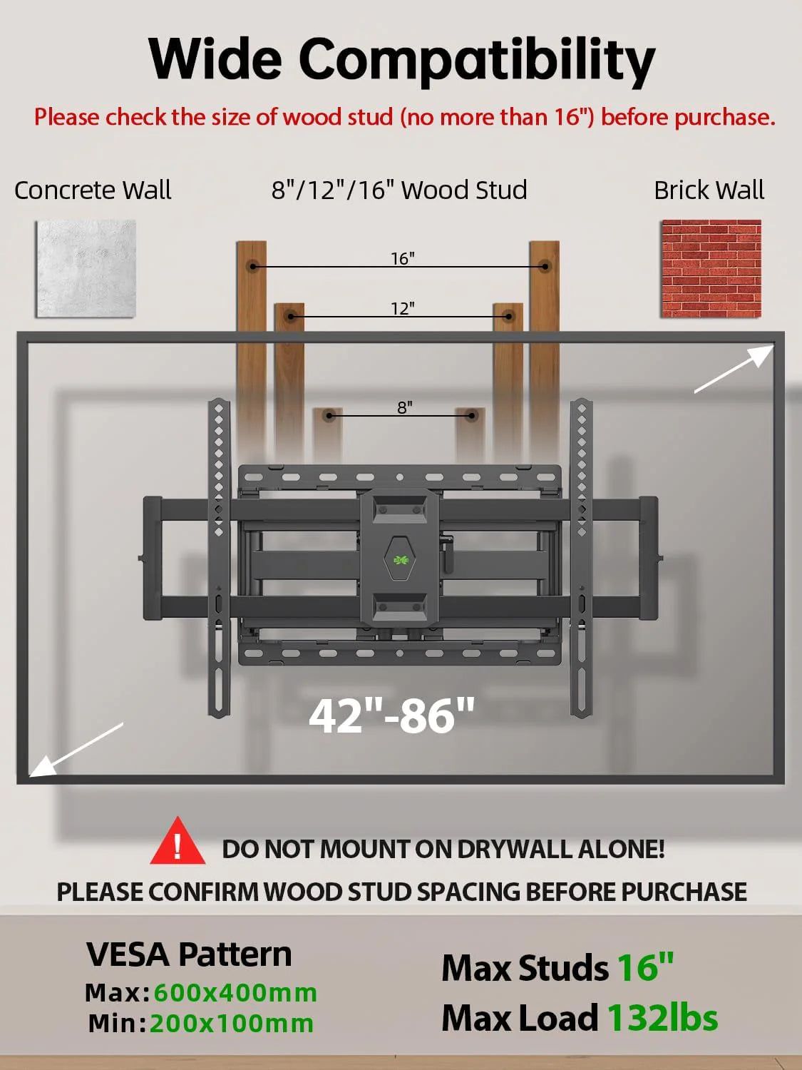 USX Mount Full Motion TV Wall Mount for Most 42-86 inch Flat Screen