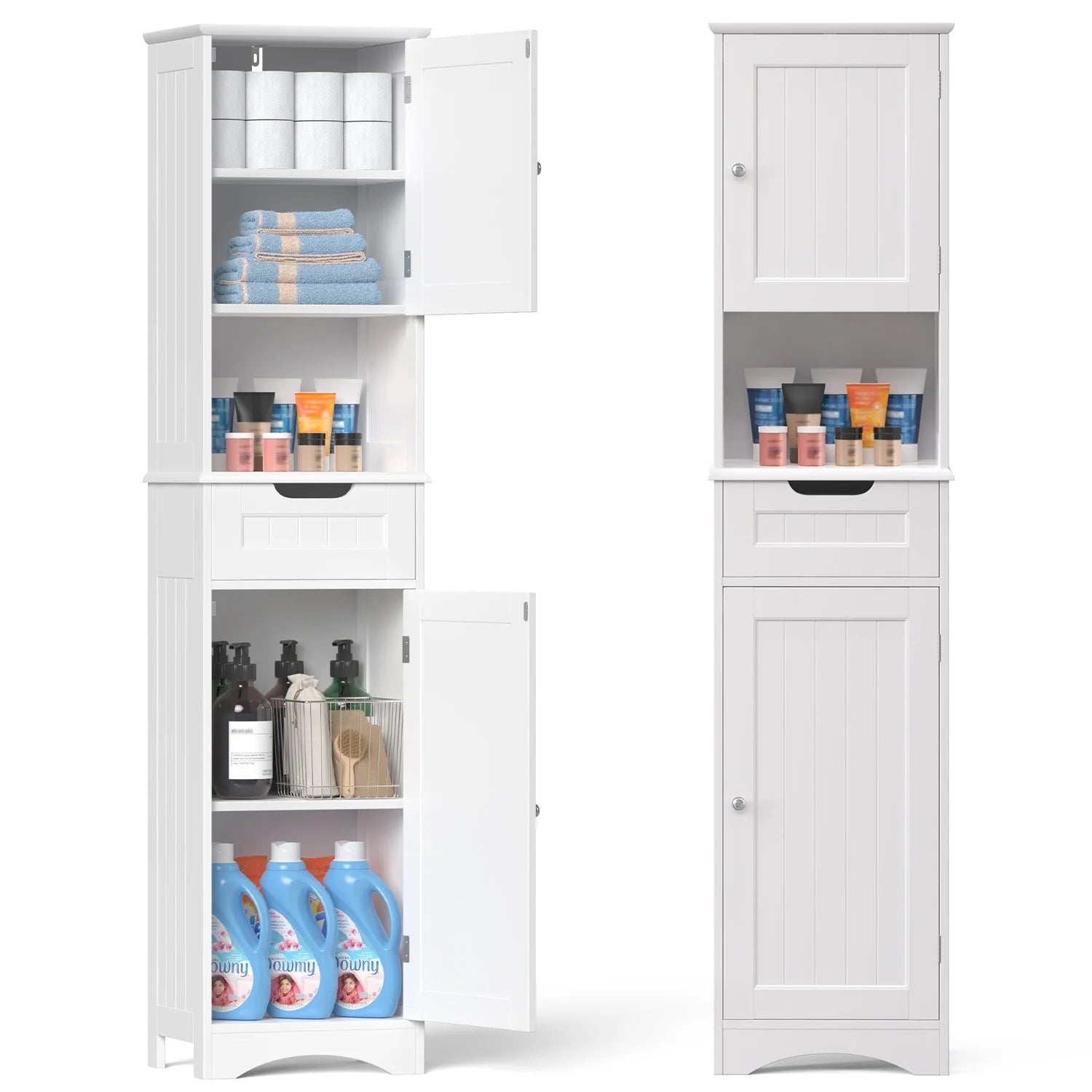 67'' Tall Bathroom Narrow Linen Cabinet, 5 Tiers Solid Wood Freestanding Storage Cabinet