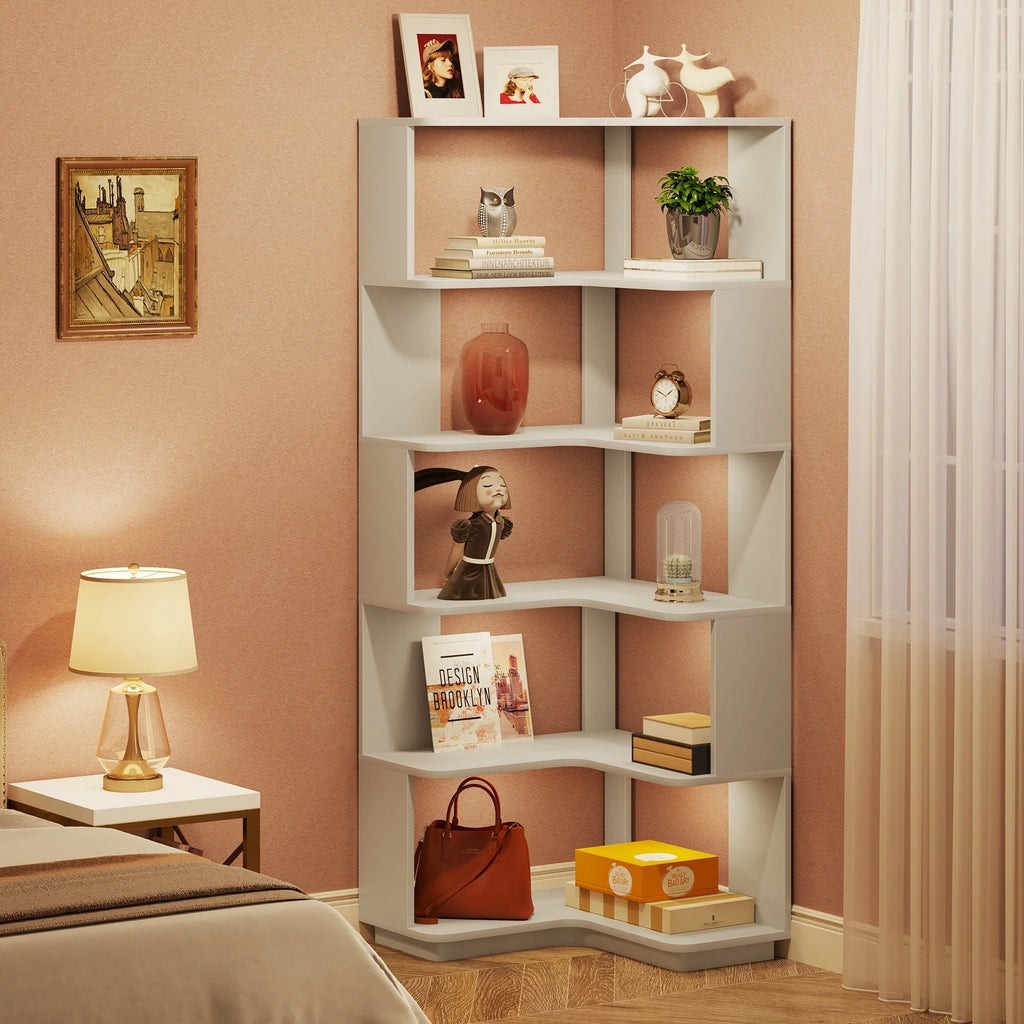 6-Tier Corner Book Shelf, 64.9Tall Freestanding Wood Industrial Bookcase Bookshelf