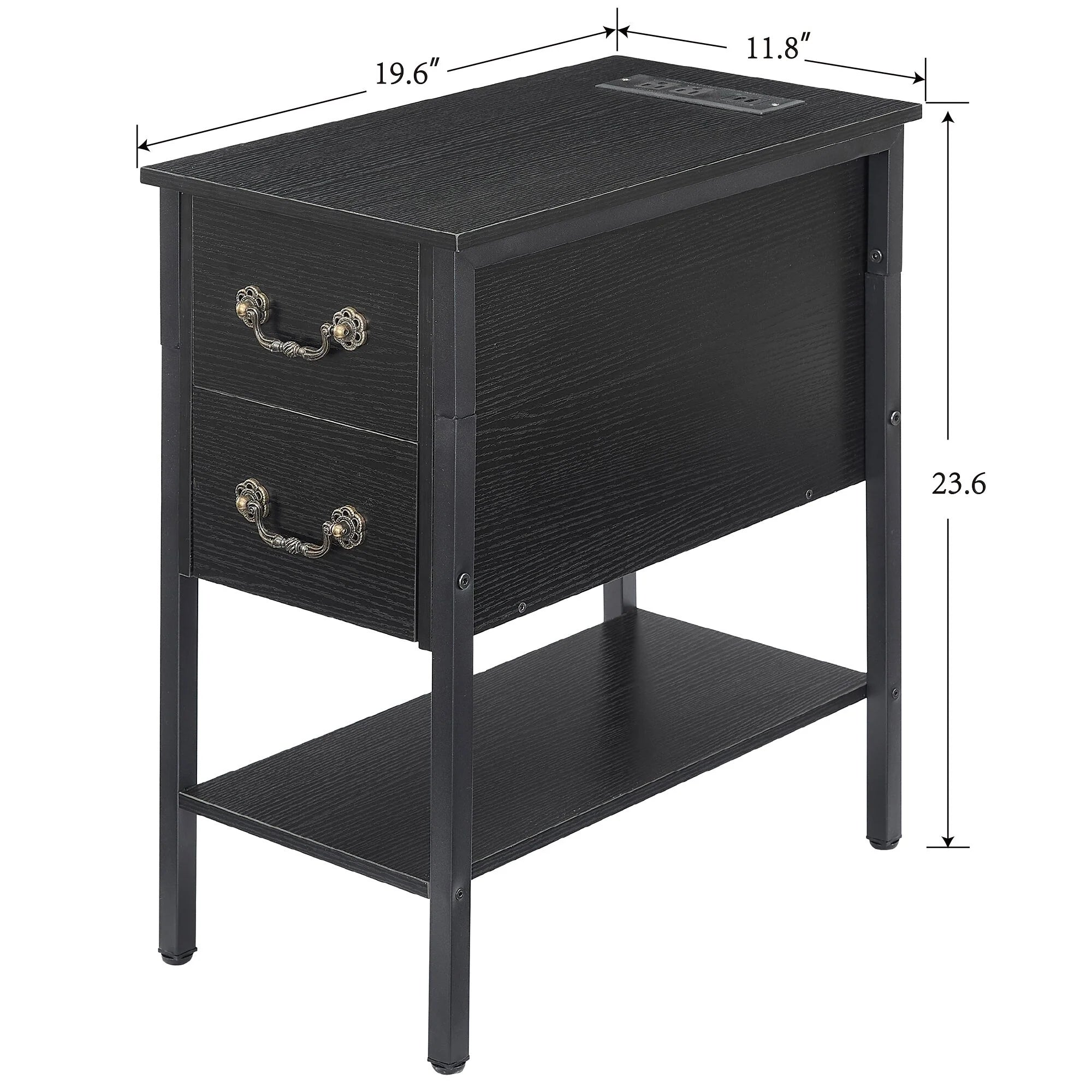 End Table with Charging Station, Narrow Chairside Table with Drawers & USB Ports & Power Outlets, Nightstand for Small Spaces