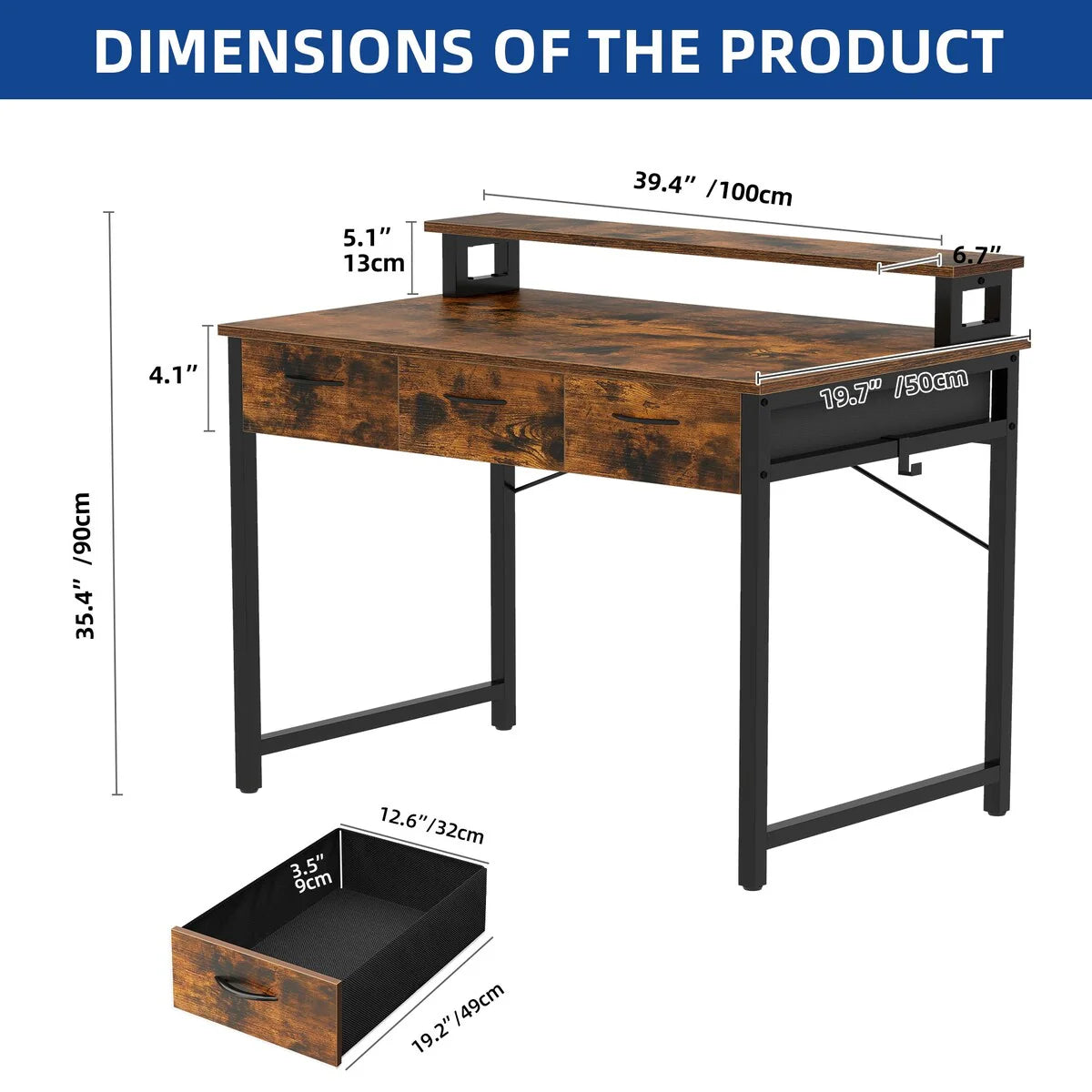 Moasis Small Computer Desk with Fabric Drawers and Monitor Stand