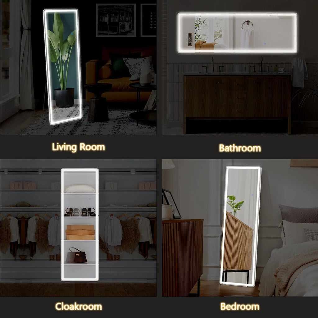 Floor Mirror with LED Light, 64 x 21 Full Length Mirror with Stand, Hanging Mirror Wall Mounted Mirror Full Body Mirror