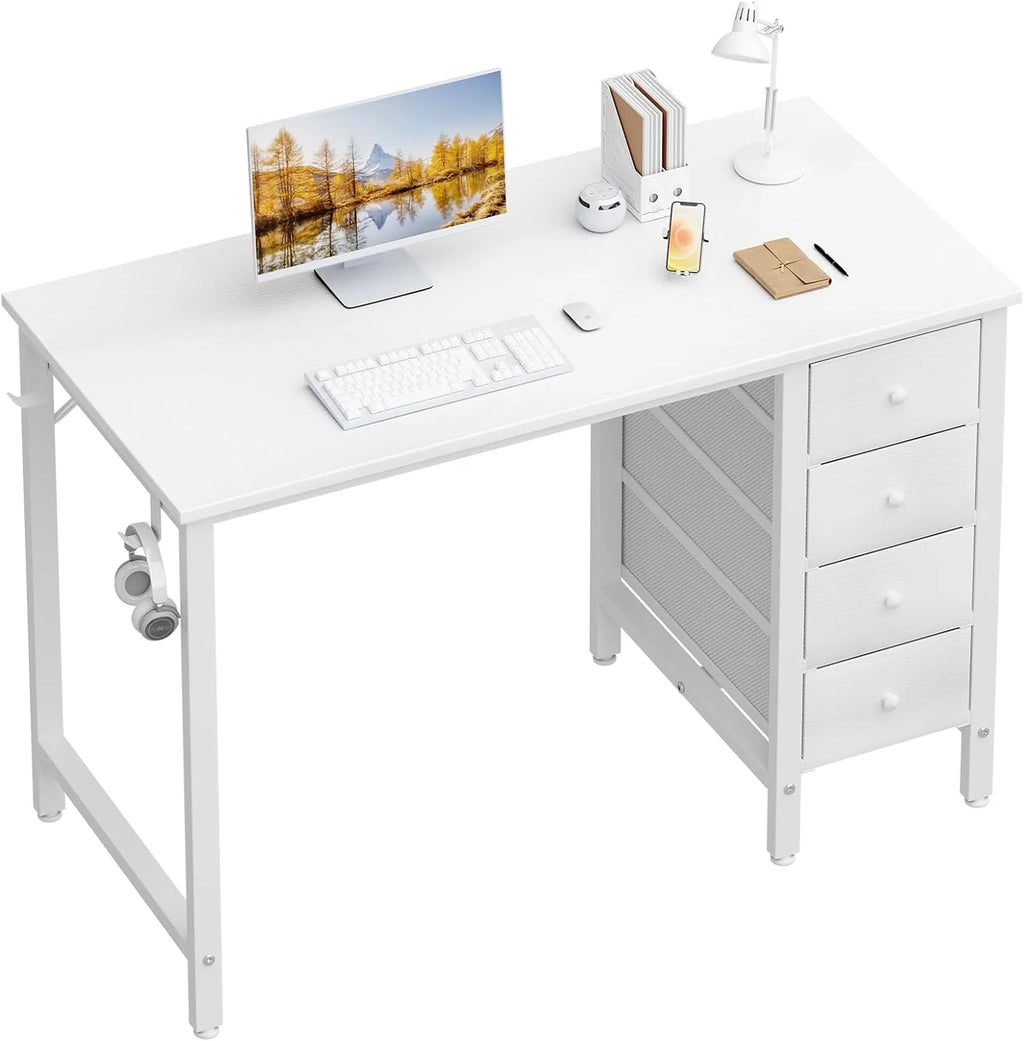 Lufeiya 40 Inch Small White Desk with Fabric Drawers