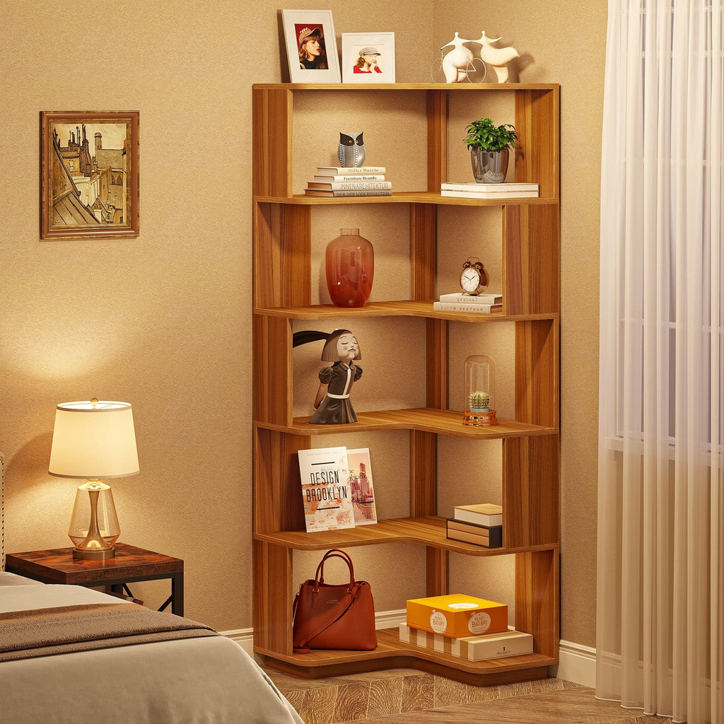 6-Tier Corner Book Shelf, 64.9Tall Freestanding Wood Industrial Bookcase Bookshelf