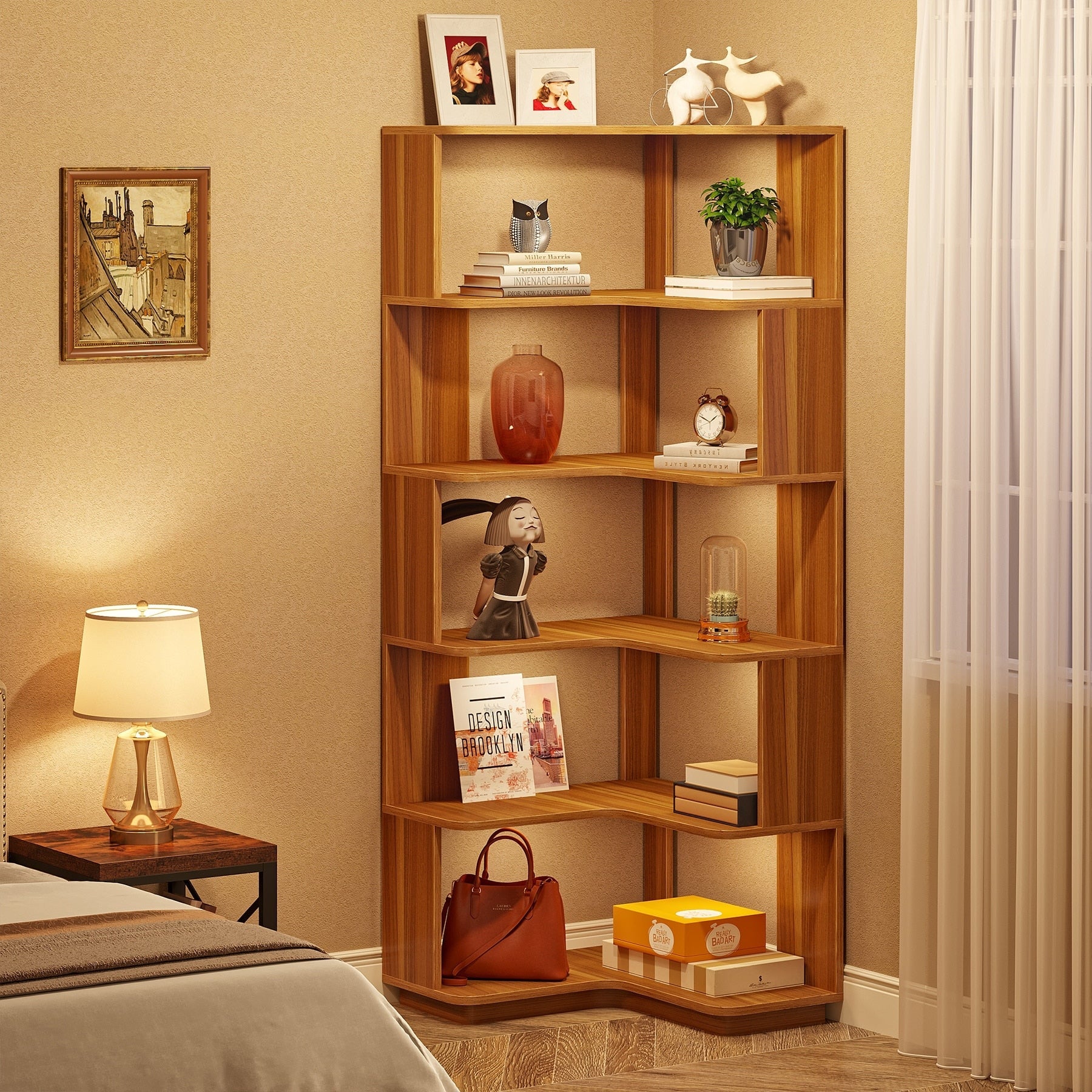 6-Tier Corner Book Shelf, 64.9Tall Freestanding Wood Industrial Bookcase Bookshelf
