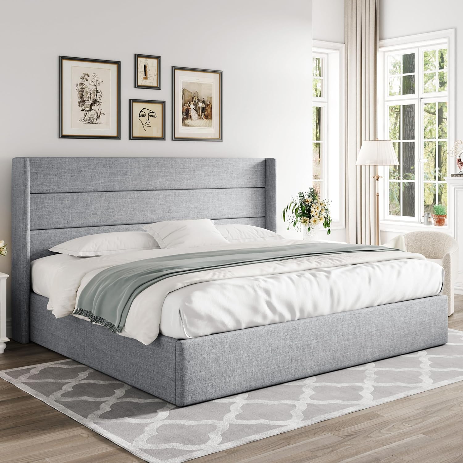 ALLEWIE Queen Size Lift Up Storage Bed with Wingback Headboard