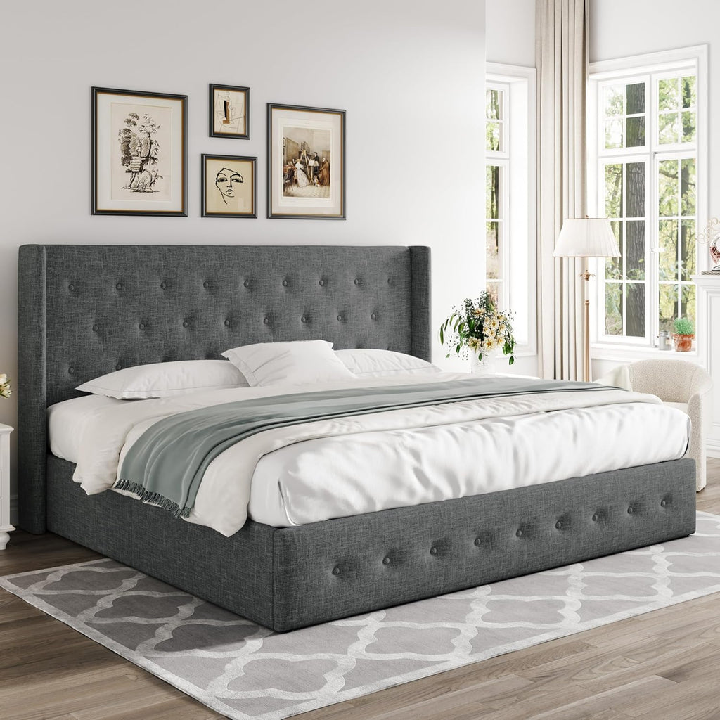ALLEWIE Queen Size Lift Up Storage Bed with Wingback Headboard
