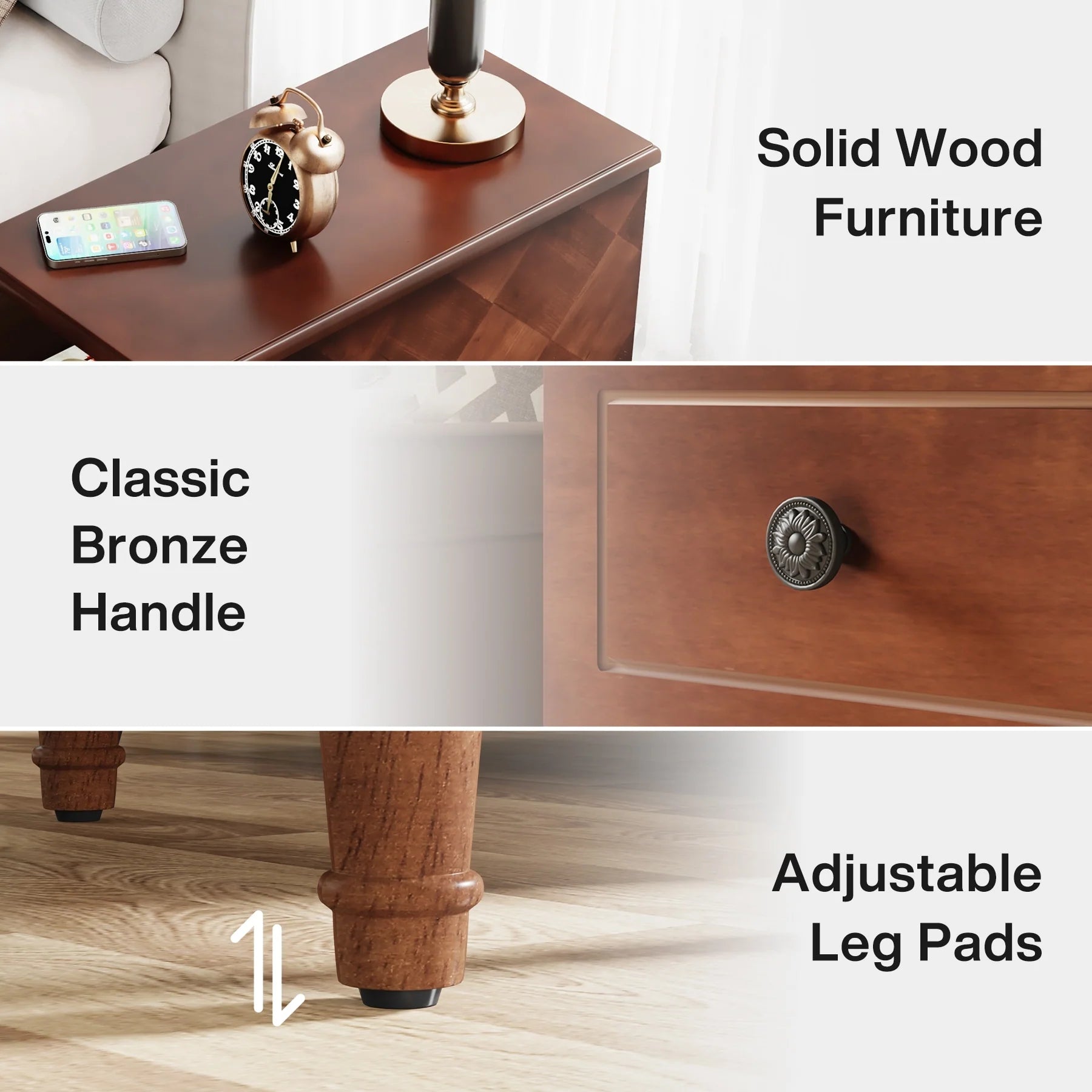 Fully Assembled Narrow End Table, Solid Wood Side Table with 3 Drawers, Vintage Nightstand Slim Bedside Table for Small Spaces