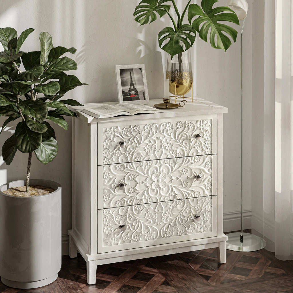 COZAYH Farmhouse Fully-Assembled Nightstand with 2-Drawer, Flower Motif End Table for Small Spaces, French Country