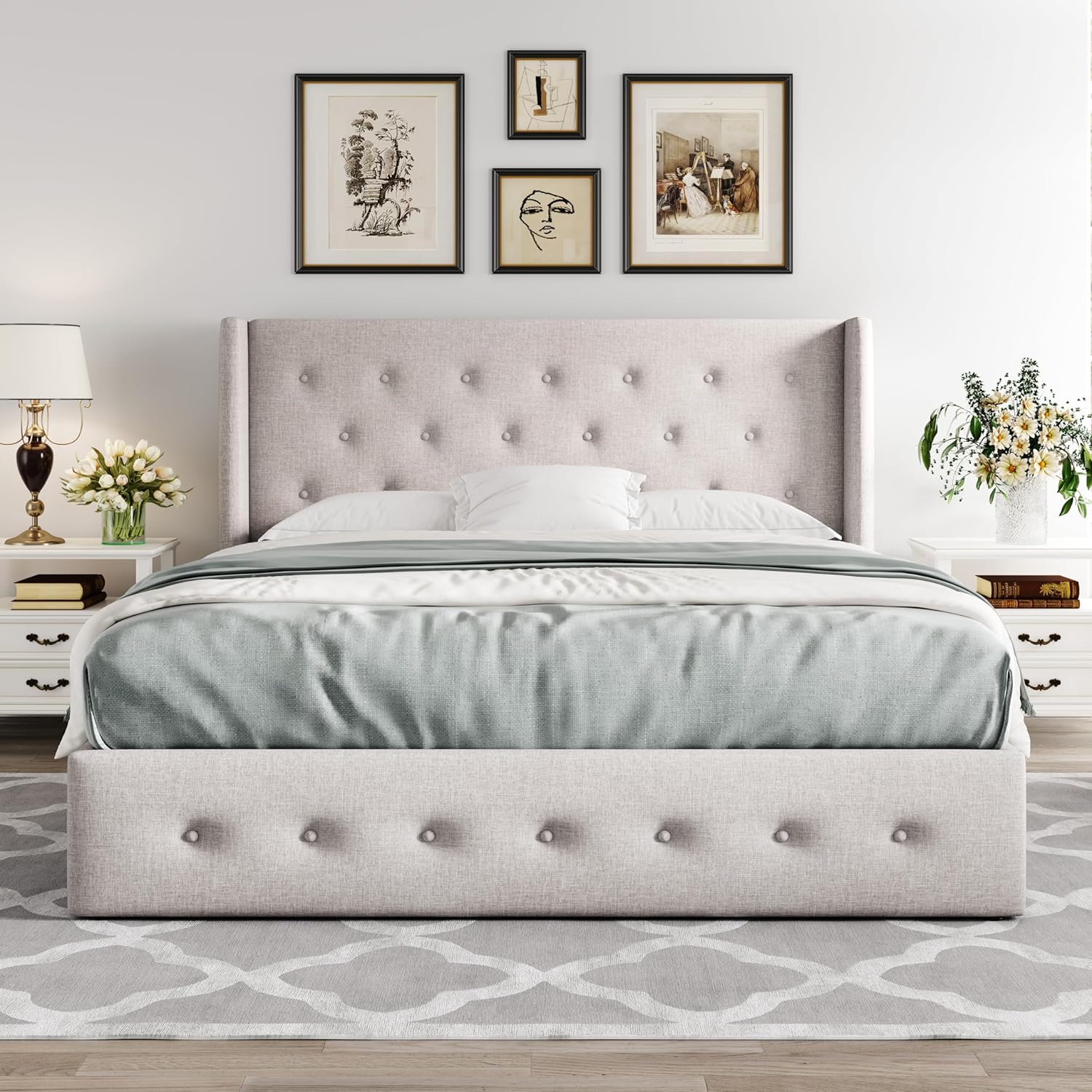 ALLEWIE Queen Size Lift Up Storage Bed with Wingback Headboard