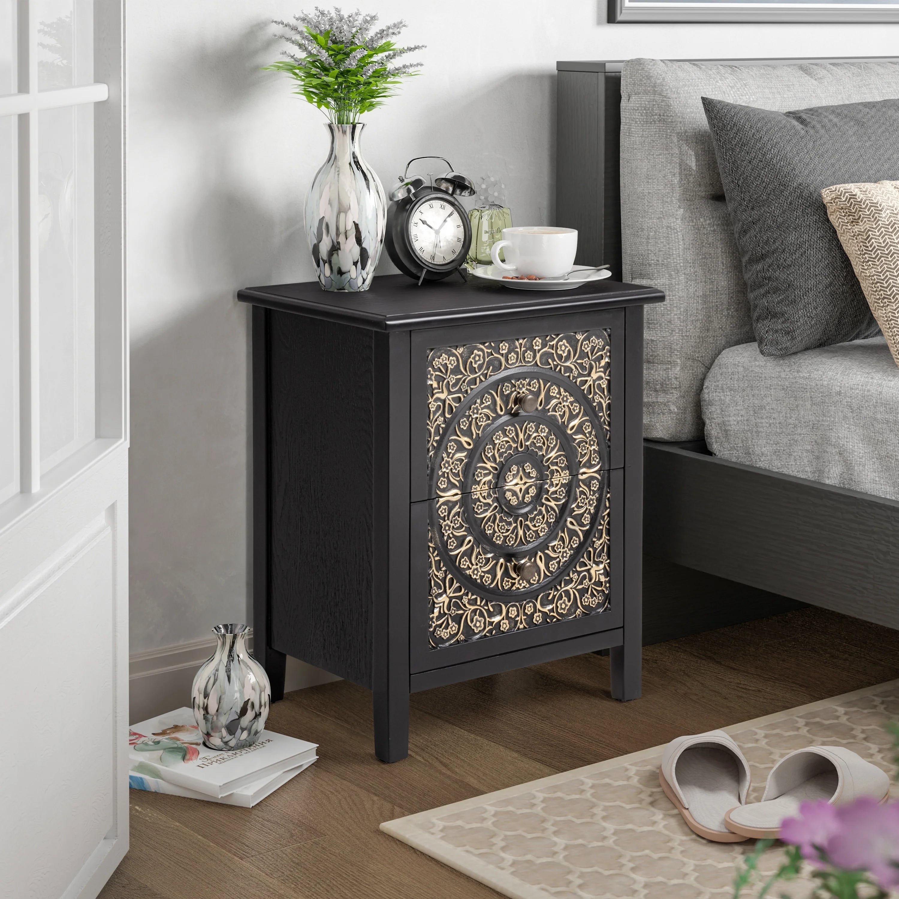 COZAYH Farmhouse Fully-Assembled Nightstand with 2-Drawer, Flower Motif End Table for Small Spaces, French Country