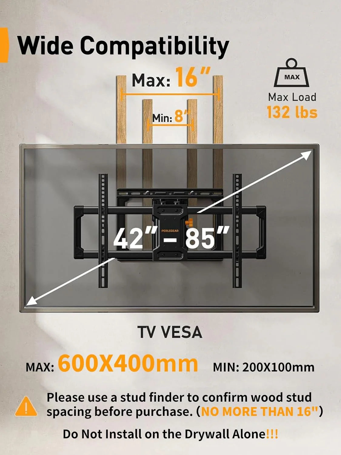 Perlegear Full Motion TV Wall Mount for 42-85 inch TVs
