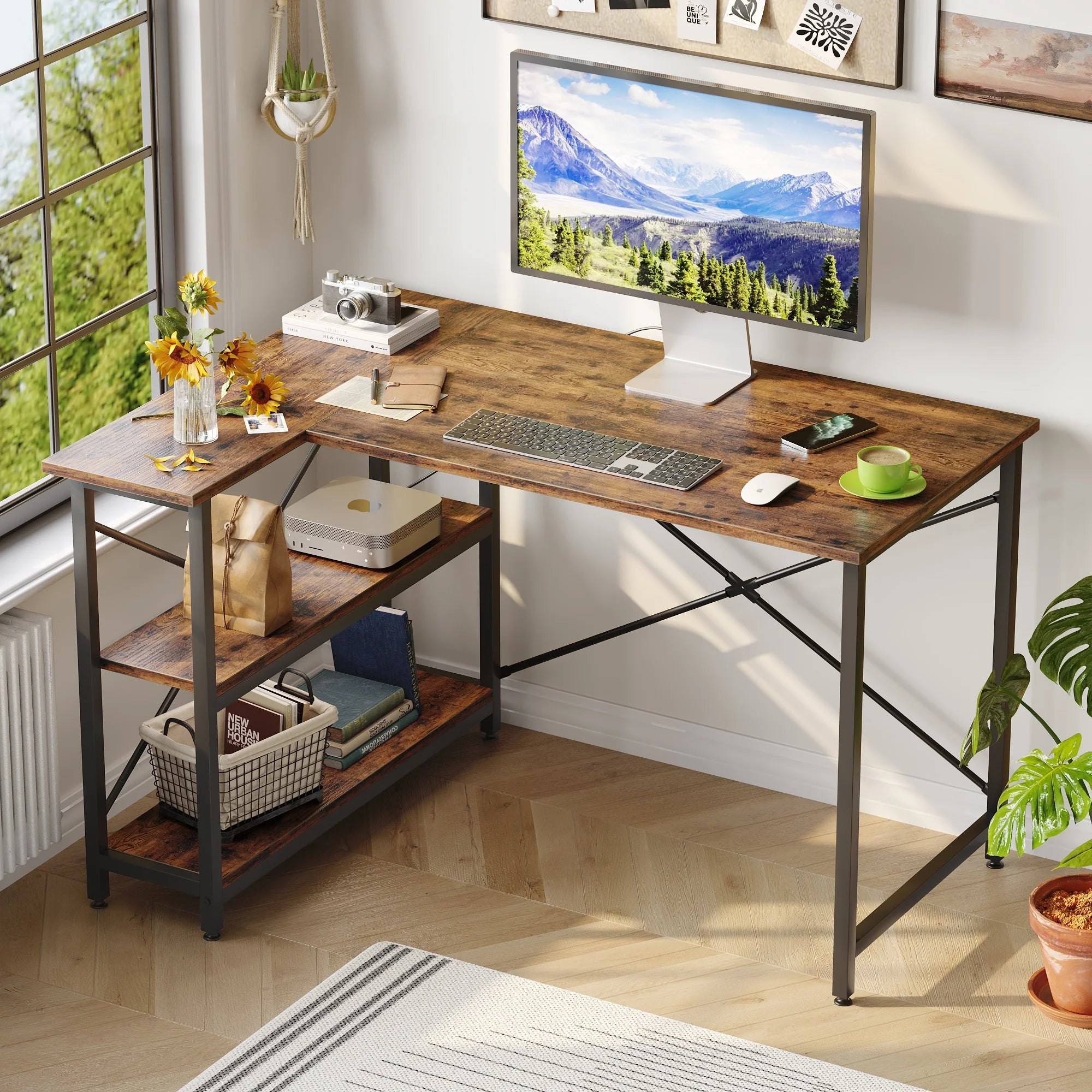 Small L Shaped Desk with Storage Shelves Corner Computer Desk