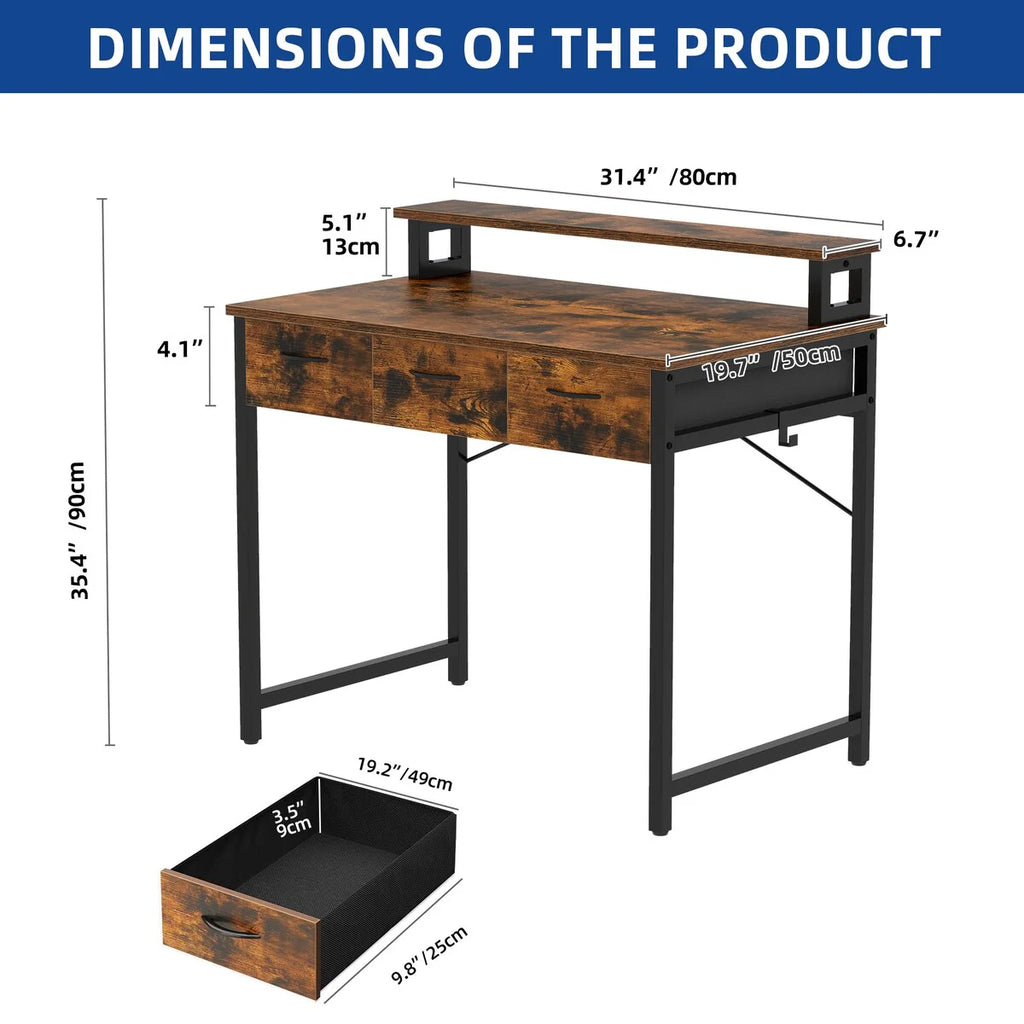 Moasis Small Computer Desk with Fabric Drawers and Monitor Stand