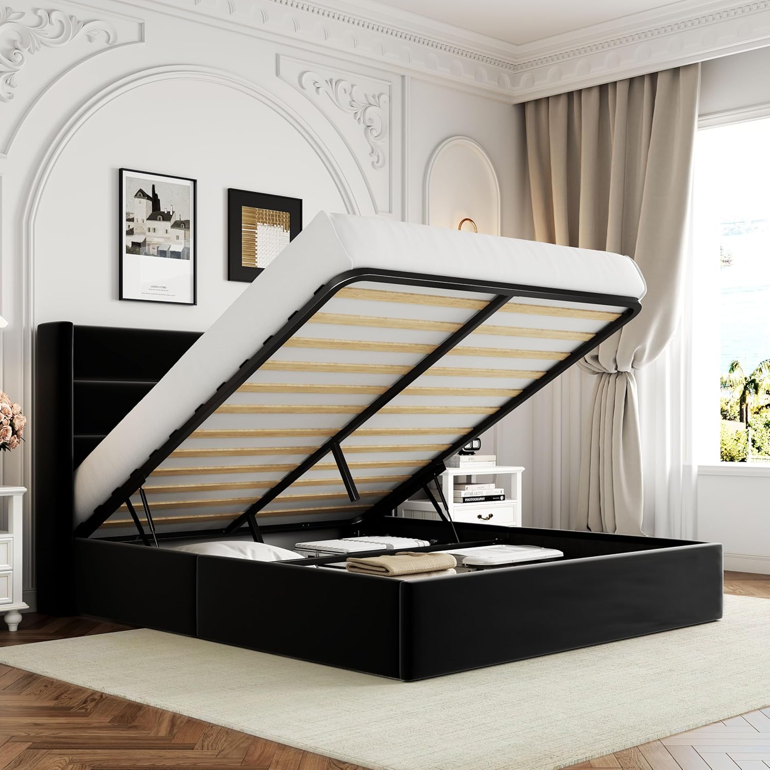 ALLEWIE Queen Size Lift Up Storage Bed with Wingback Headboard