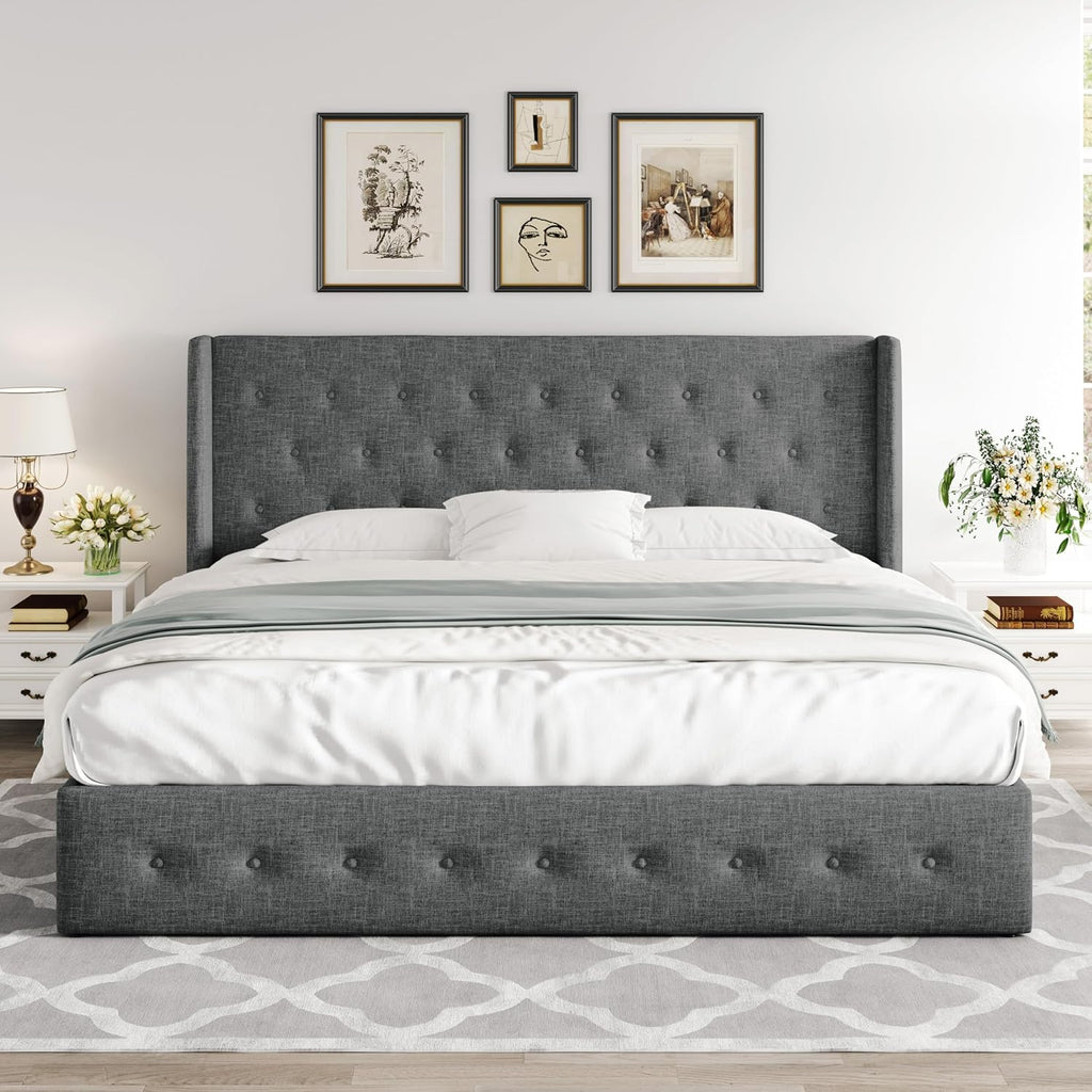 ALLEWIE Queen Size Lift Up Storage Bed with Wingback Headboard