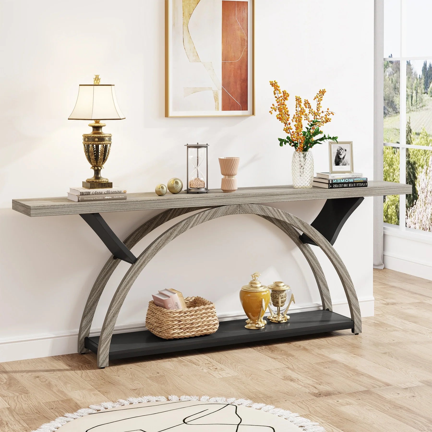 2-Tier Narrow Long Console Sofa Table with Semi-Circular Frame for Entryway,Gray Hallway Accent Tables