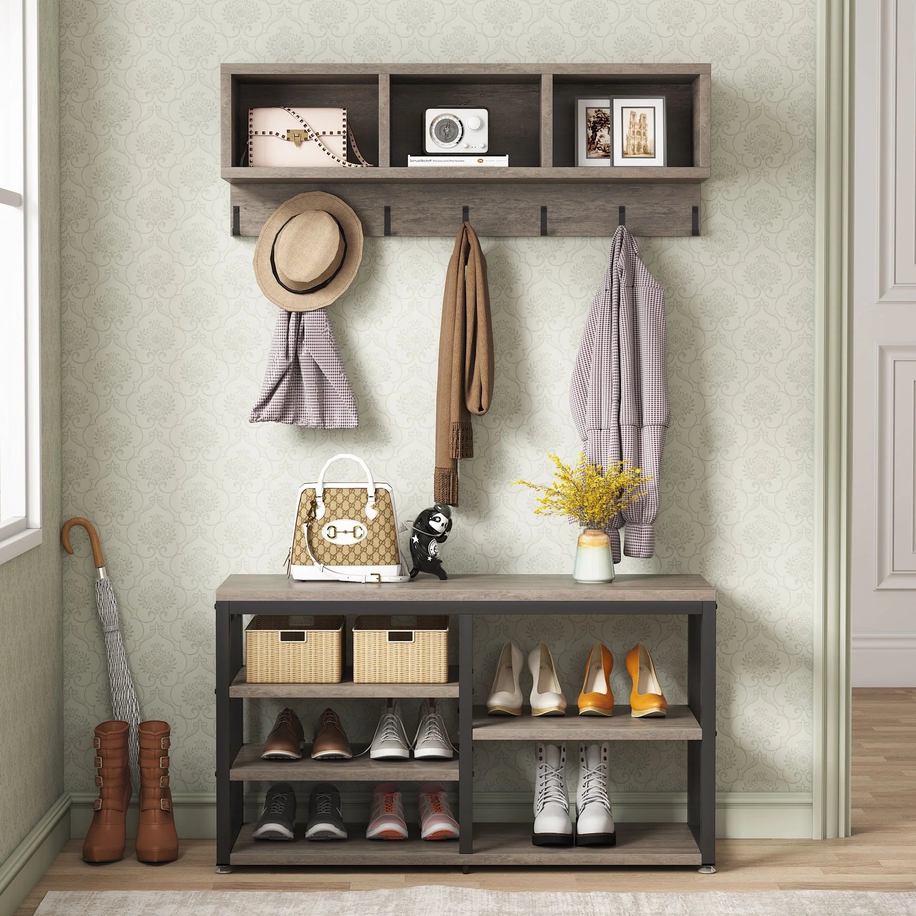 Entryway Coat Rack Shoe Bench Set, Industrial Hall Tree Coat Shoe Rack