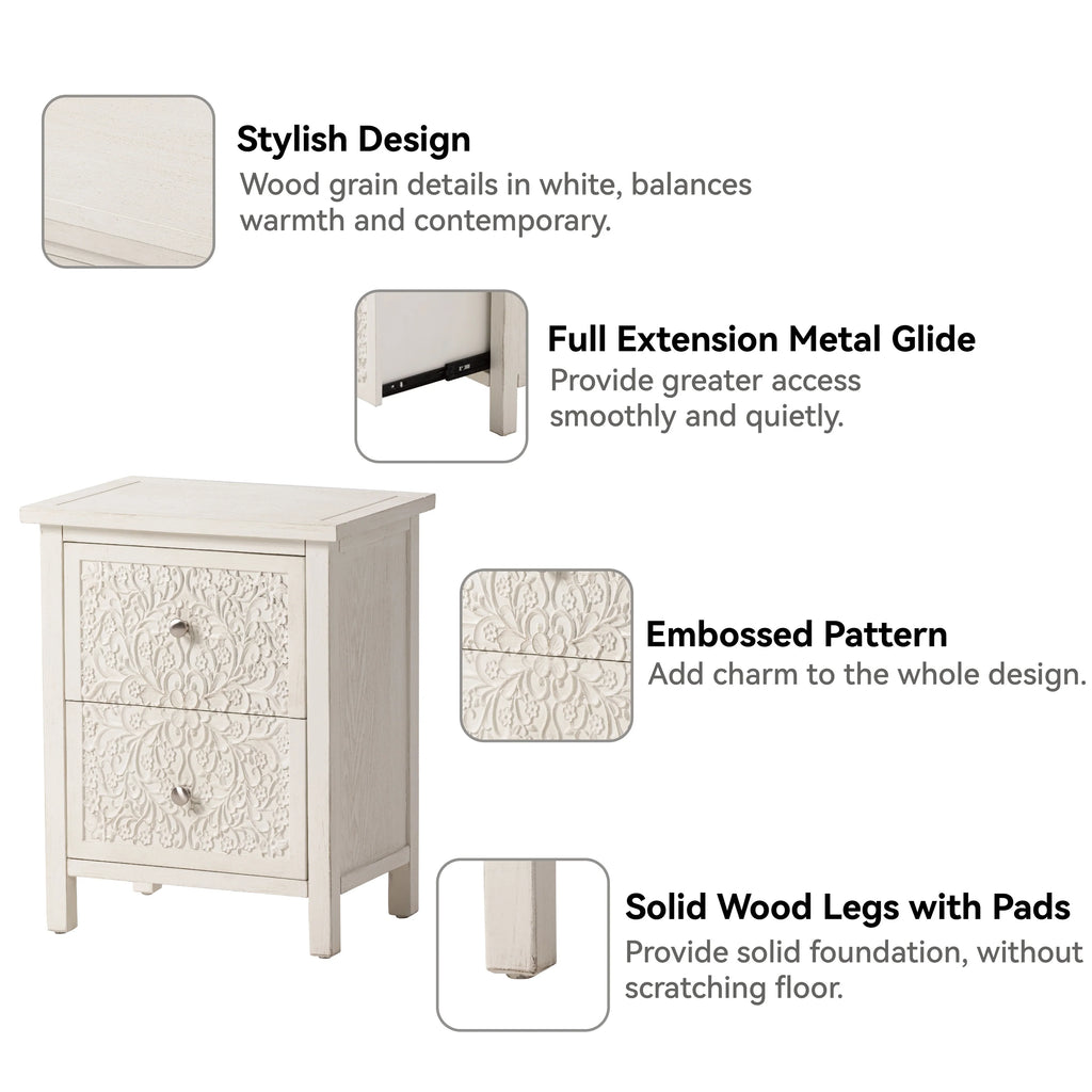 COZAYH Farmhouse Fully-Assembled Nightstand with 2-Drawer, Flower Motif End Table for Small Spaces, French Country