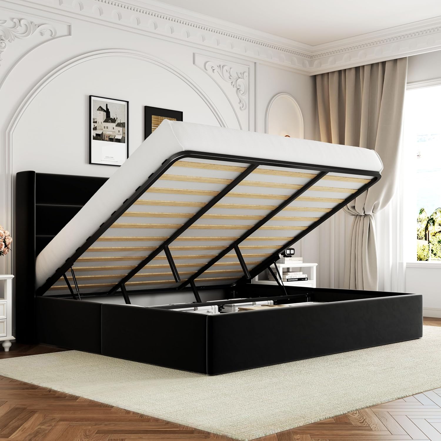 ALLEWIE Queen Size Lift Up Storage Bed with Wingback Headboard