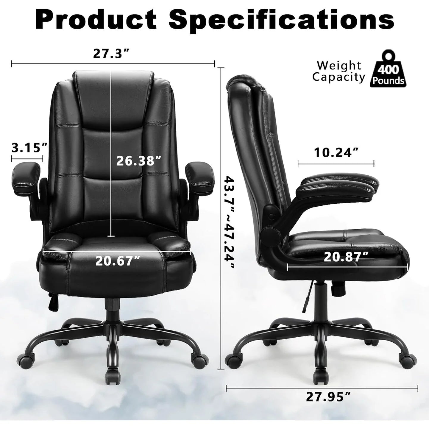 BOSSIN Big and Tall Office Chair Ergonomic High Back Computer Adjustable Height Leather Executive Chair with Padded Flip-up Arms