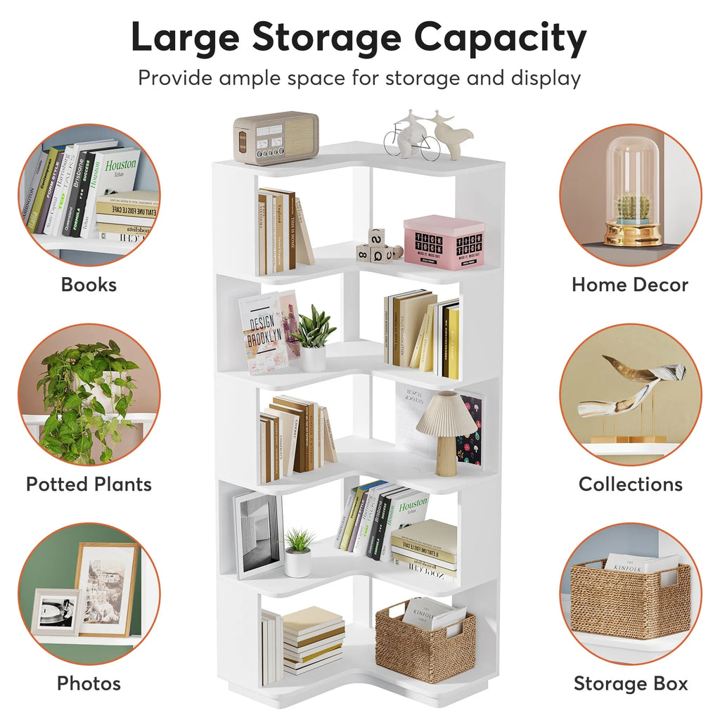 6-Tier Corner Book Shelf, 64.9Tall Freestanding Wood Industrial Bookcase Bookshelf