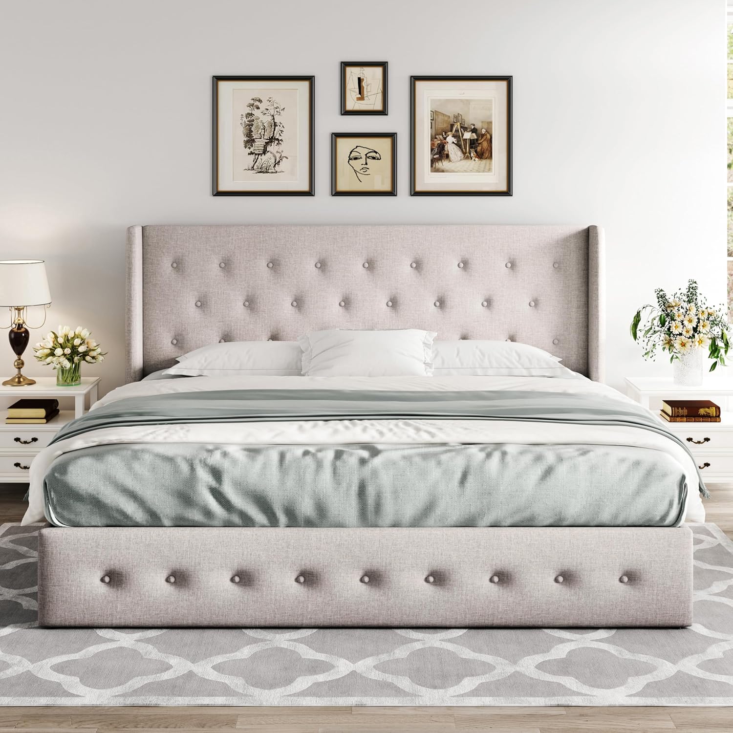 ALLEWIE Queen Size Lift Up Storage Bed with Wingback Headboard