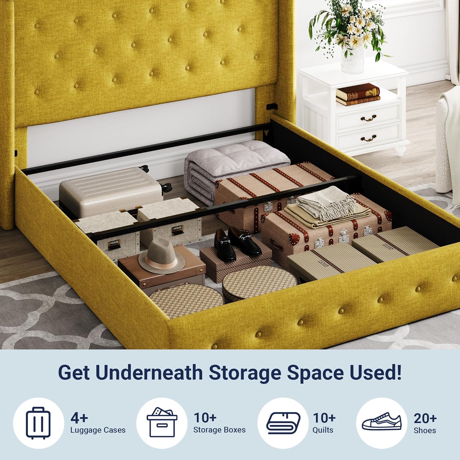 ALLEWIE Queen Size Lift Up Storage Bed with Wingback Headboard