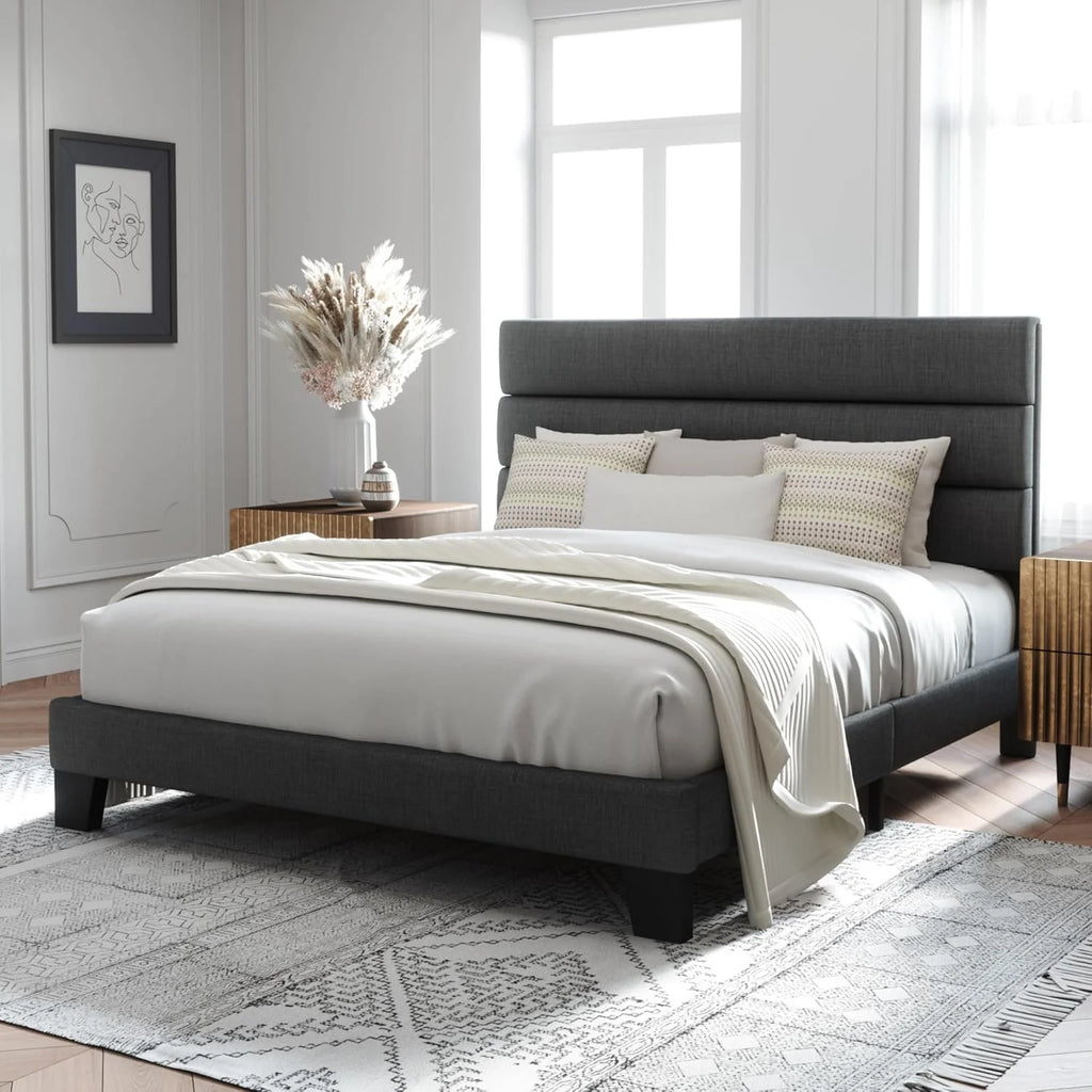ALLEWIE Queen Size Upholstered Platform Bed Frame - Dark Grey