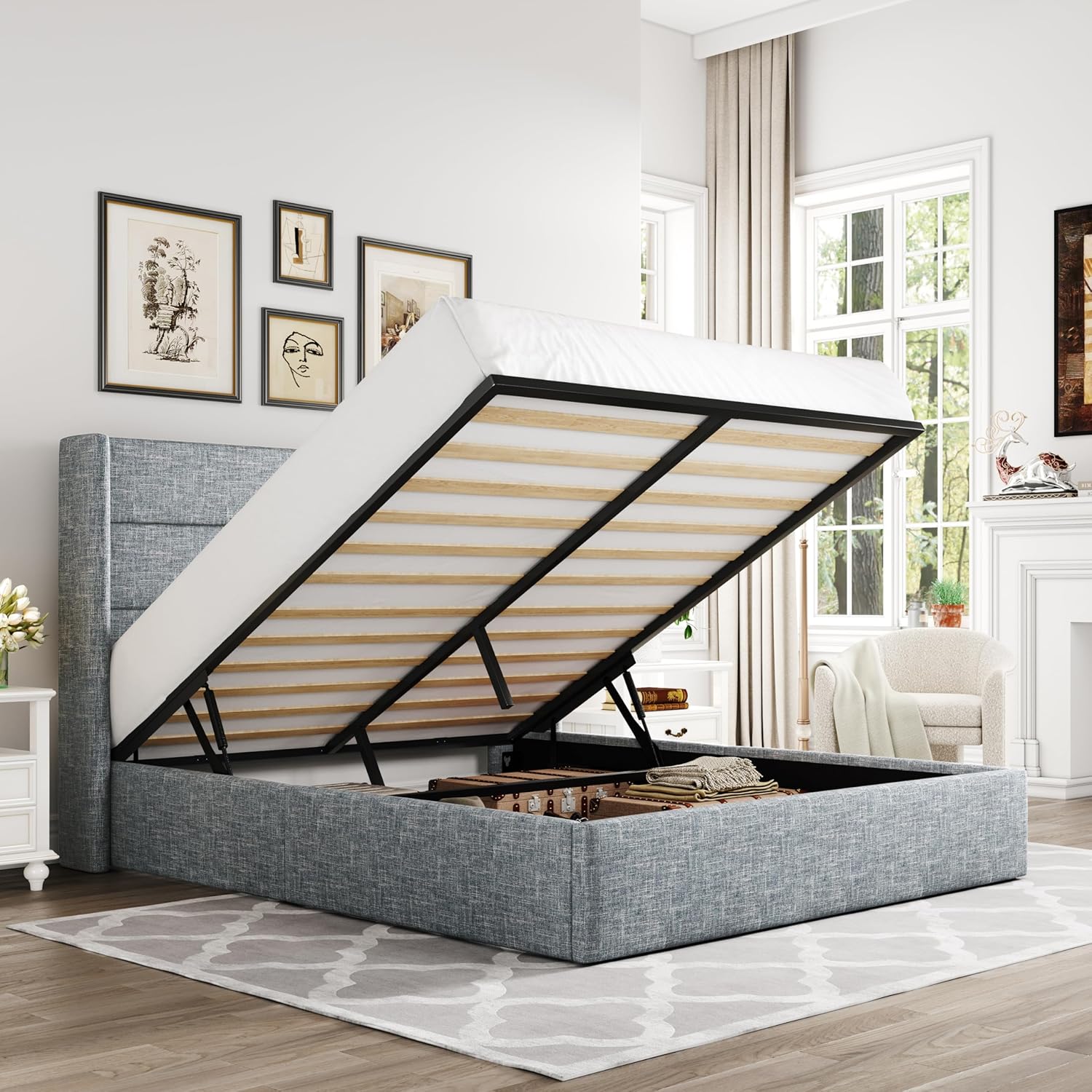 ALLEWIE Queen Size Lift Up Storage Bed with Wingback Headboard